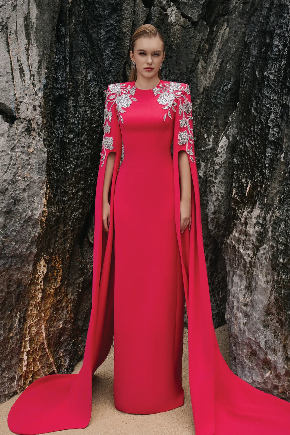 Symmetric Floral Embellished Cape Sleeves Dress LUNE DE SOIE Symmetric Floral Embellished Cape Sleeves Dress LUNE DE SOIE