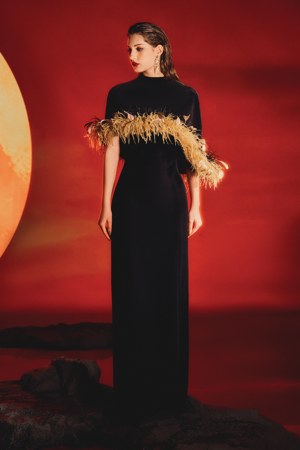 Curved Feather Short Cape With Strapless Dress Set