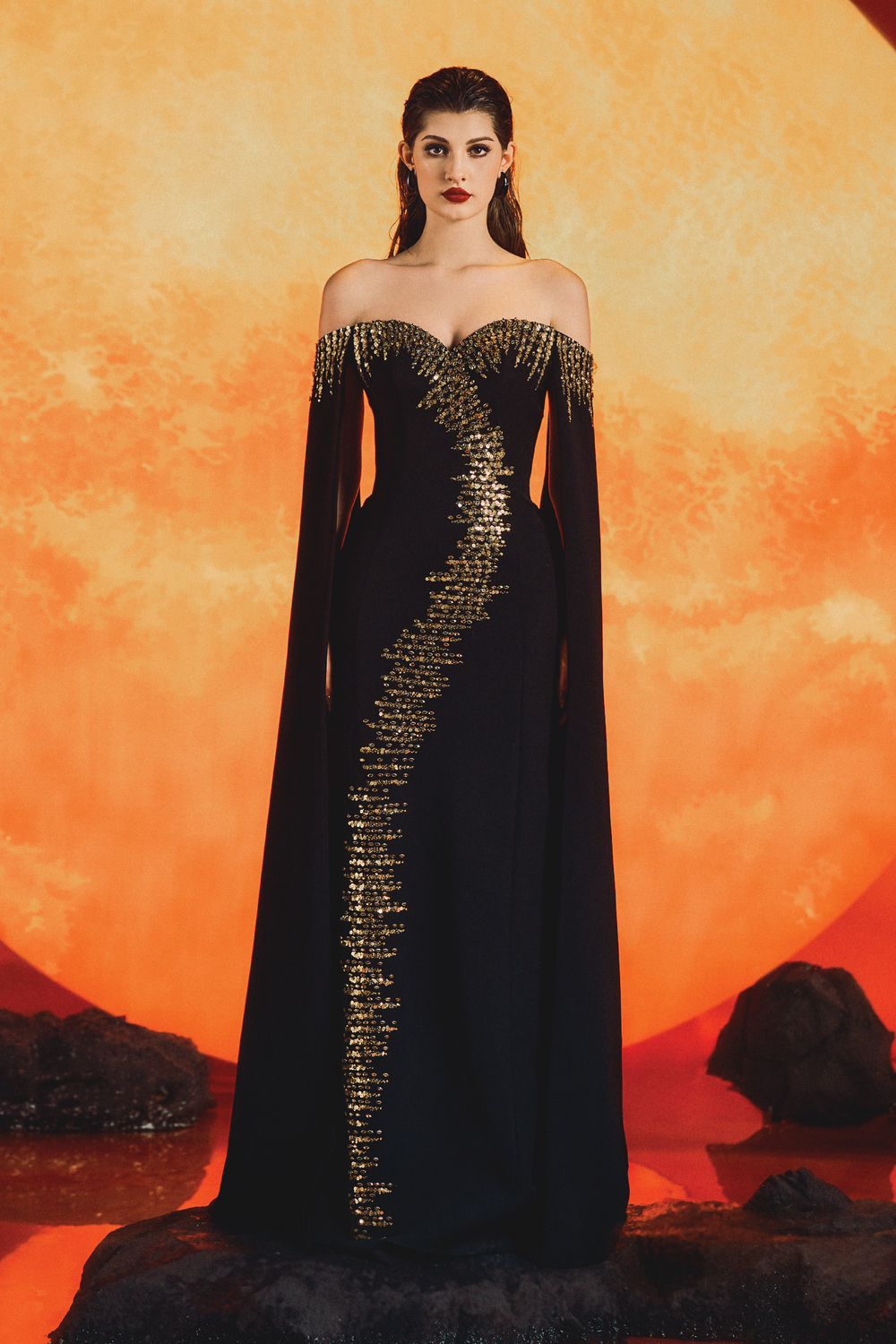 Heart Chest Sleeve Cape Dress LUNE DE SOIE Heart Chest Sleeve Cape Dress LUNE DE SOIE