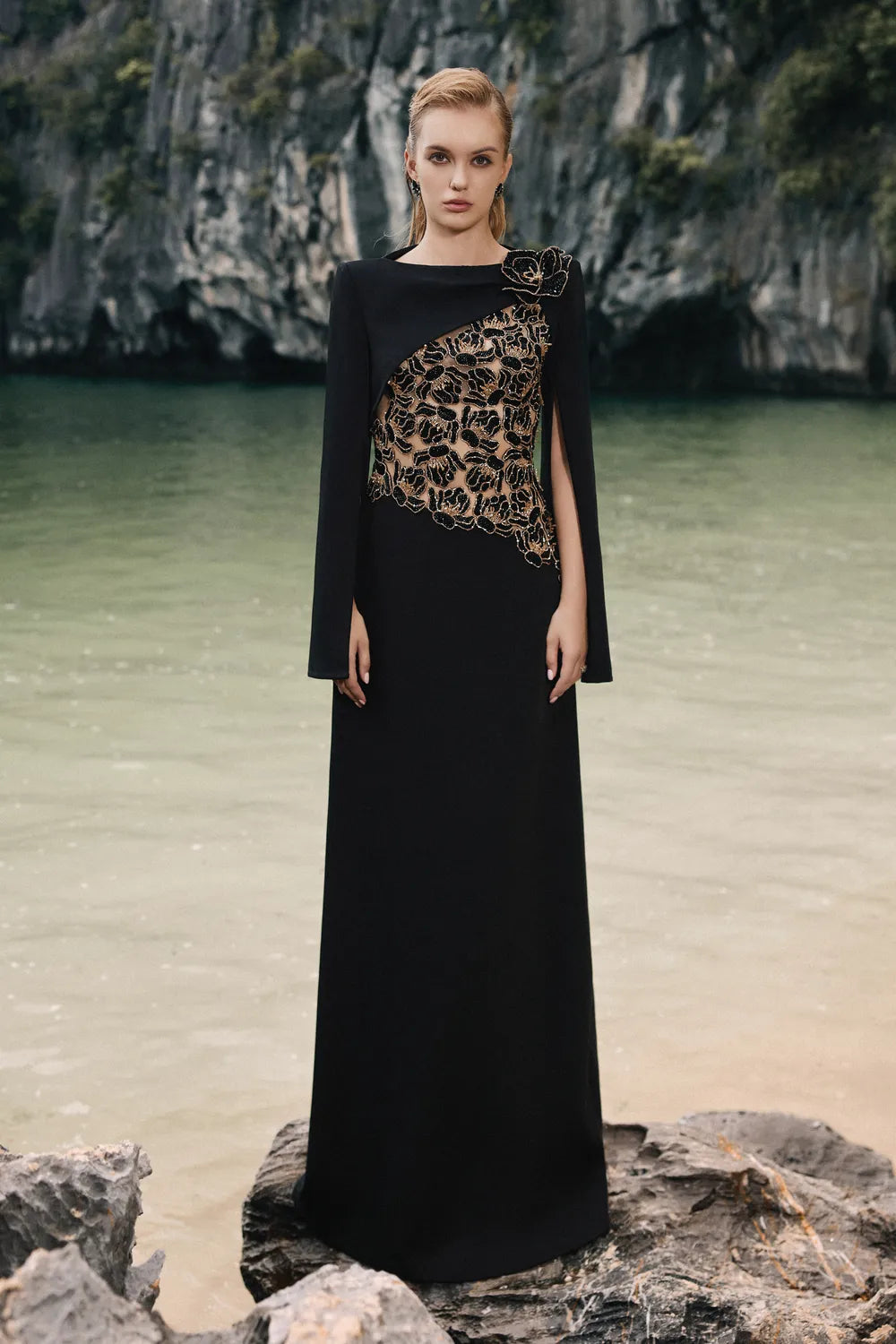 Floral Embellished Cape Sleeves Straight Dress