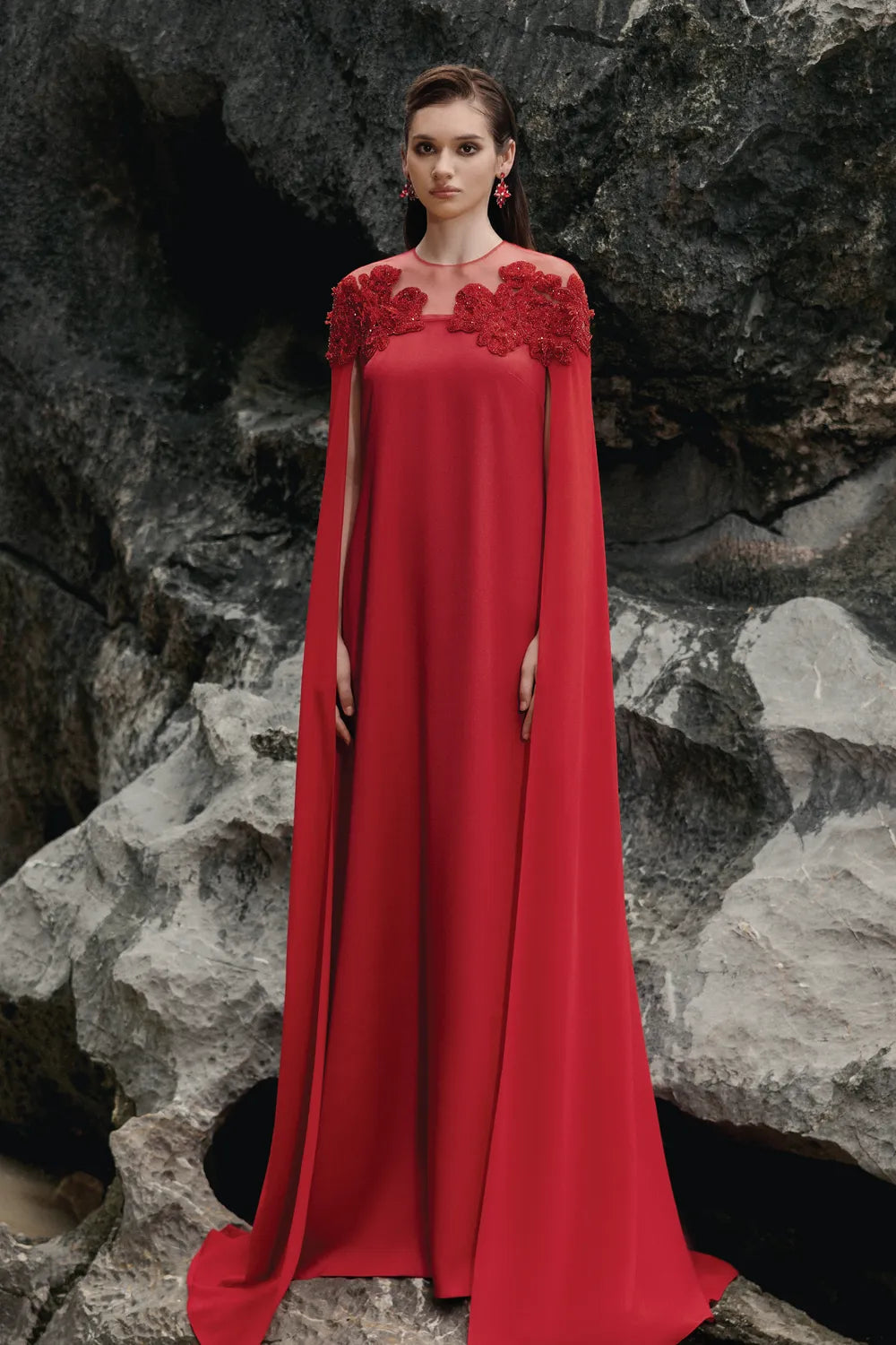 See-Through Shoulder With Symmetric Floral Embellished Dress