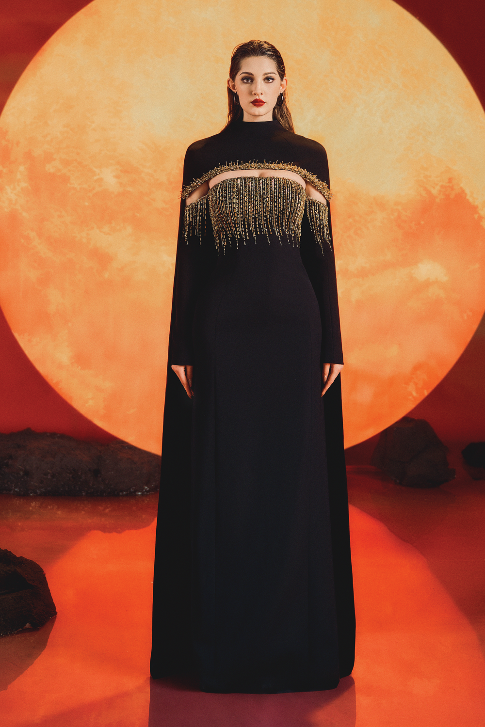Long Back Curved Cape With Off-Shoulder Long Sleeve Dress Set