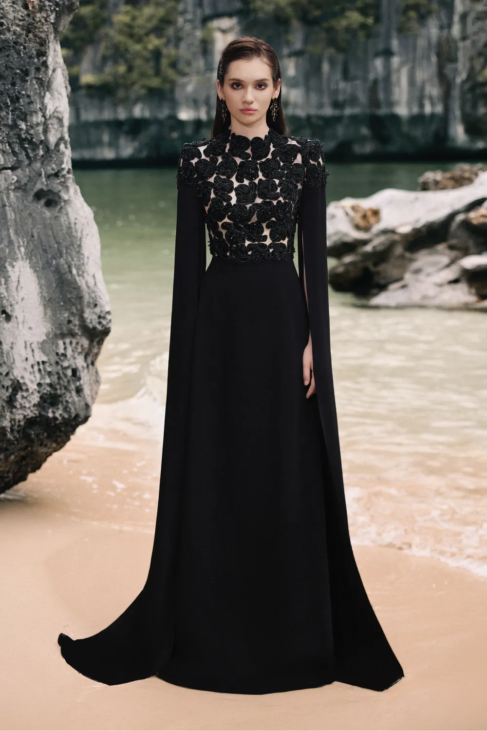 High Neck Cape Sleeves Floral Dress