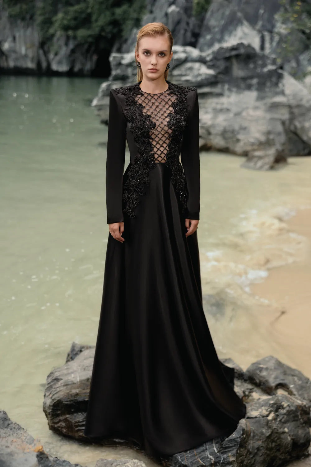 See-through Fishnet Chest Flared Dress