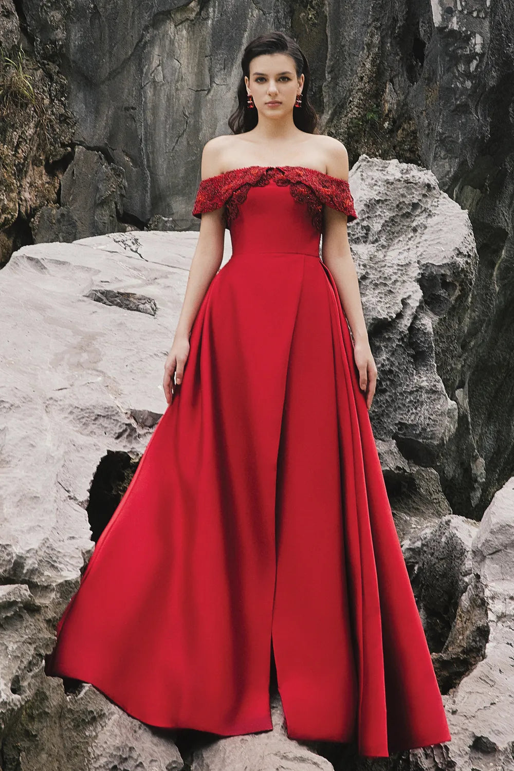 Pattern Embellished Off Shoulder A-Line Dress