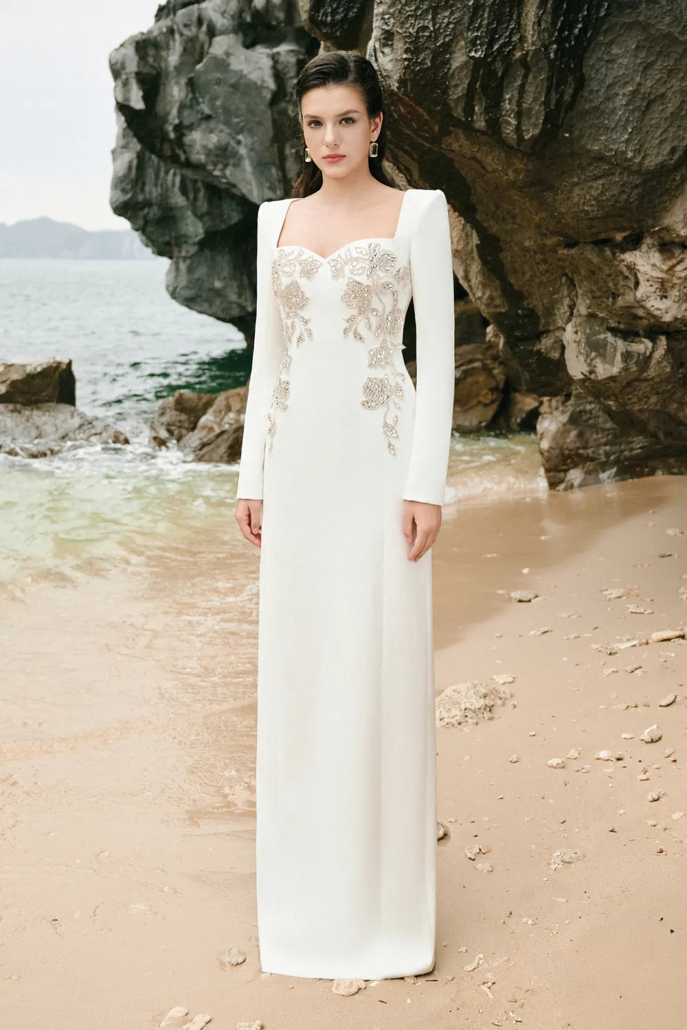 Anne Queen Neck Symmetric Floral Embellished Dress