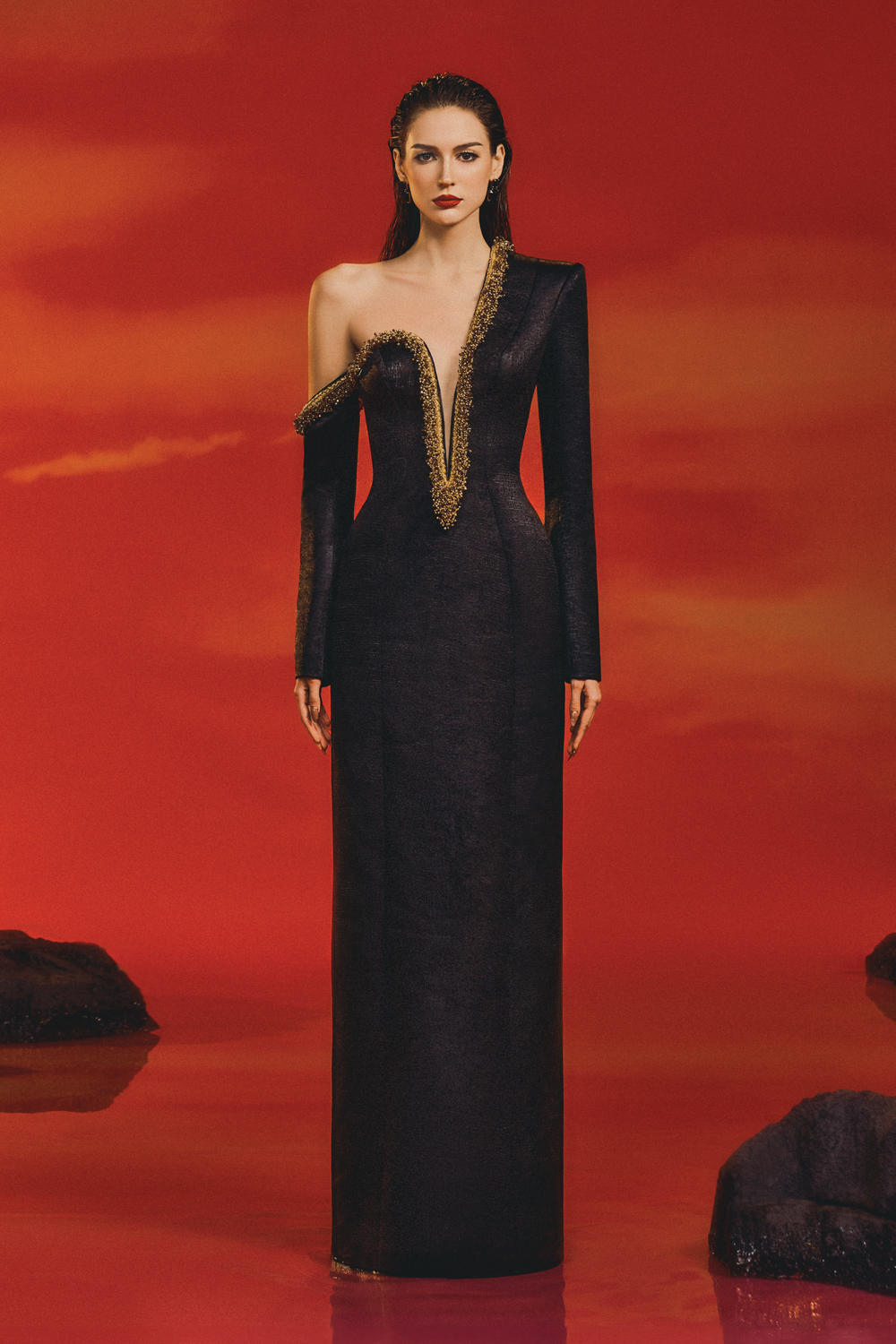 Asymmetric Shoulder Golden Chest Dress LUNE DE SOIE Asymmetric Shoulder Golden Chest Dress LUNE DE SOIE