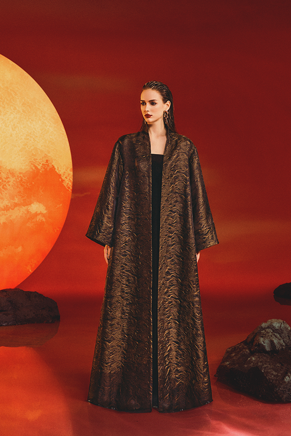 Wide Long Sleeve Coat With Strapless Straight Dress Set