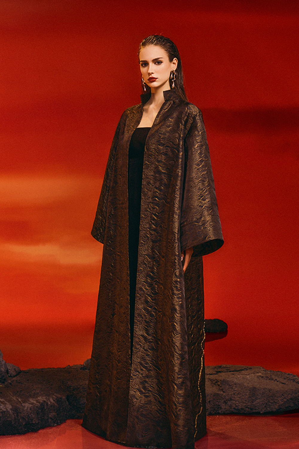 Wide Long Sleeve Coat With Strapless Straight Dress Set