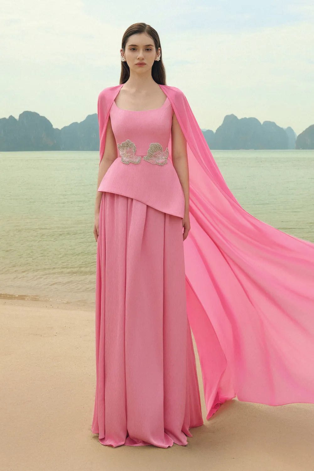 Flowing Back Flap With Draped Skirt Dress