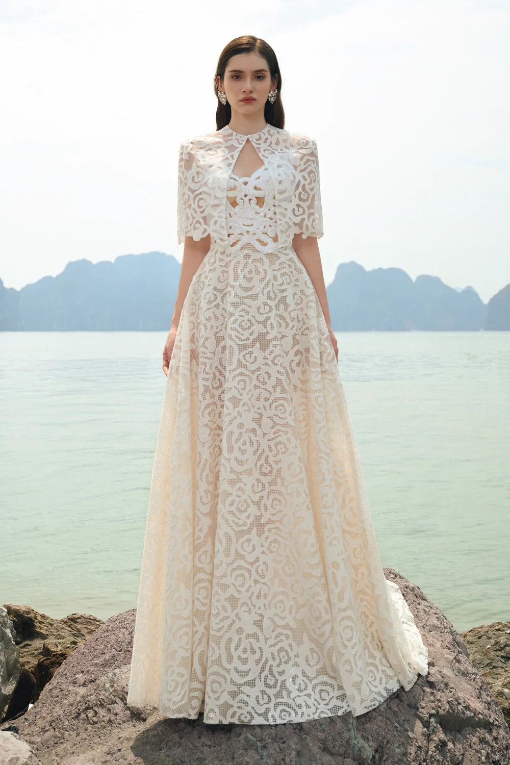 Floral Pattern Lace Cape With Floral A-line Dress Set