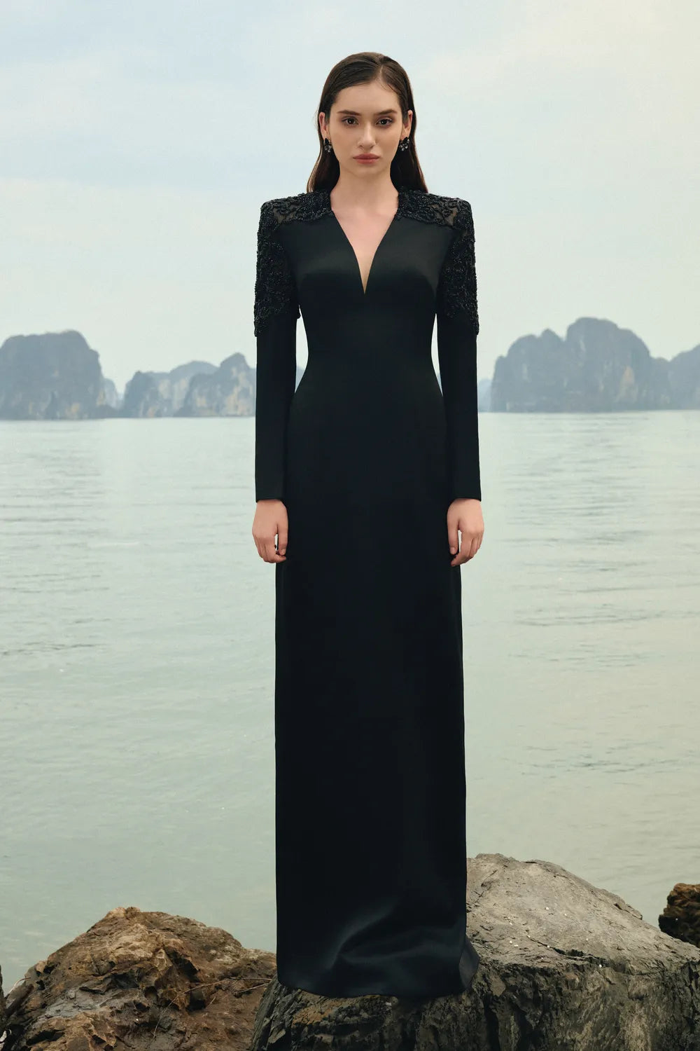 Stylized Bead-Embellished V-Neck Dress