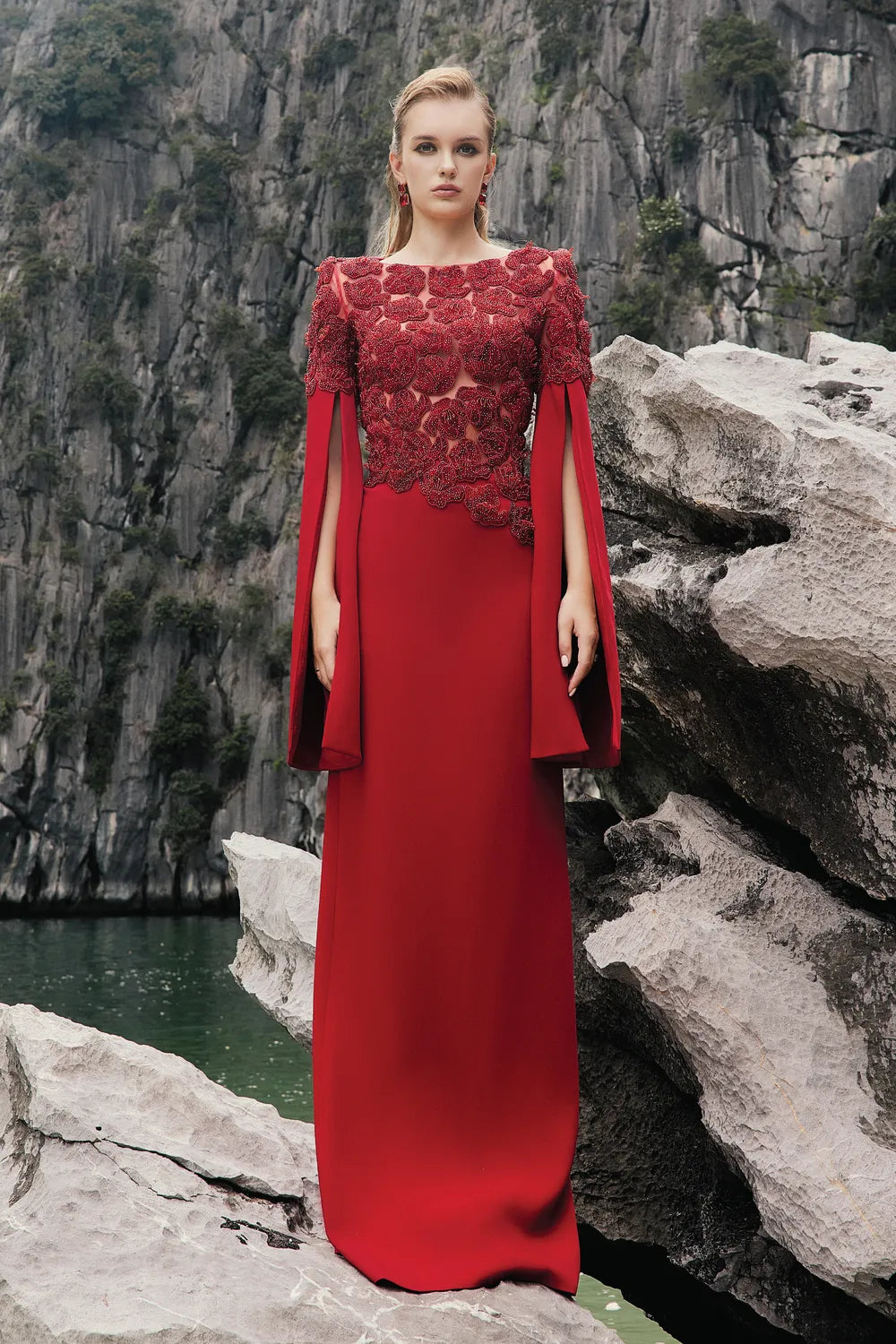 Boat Neck Floral Embellished Back Slit Dress