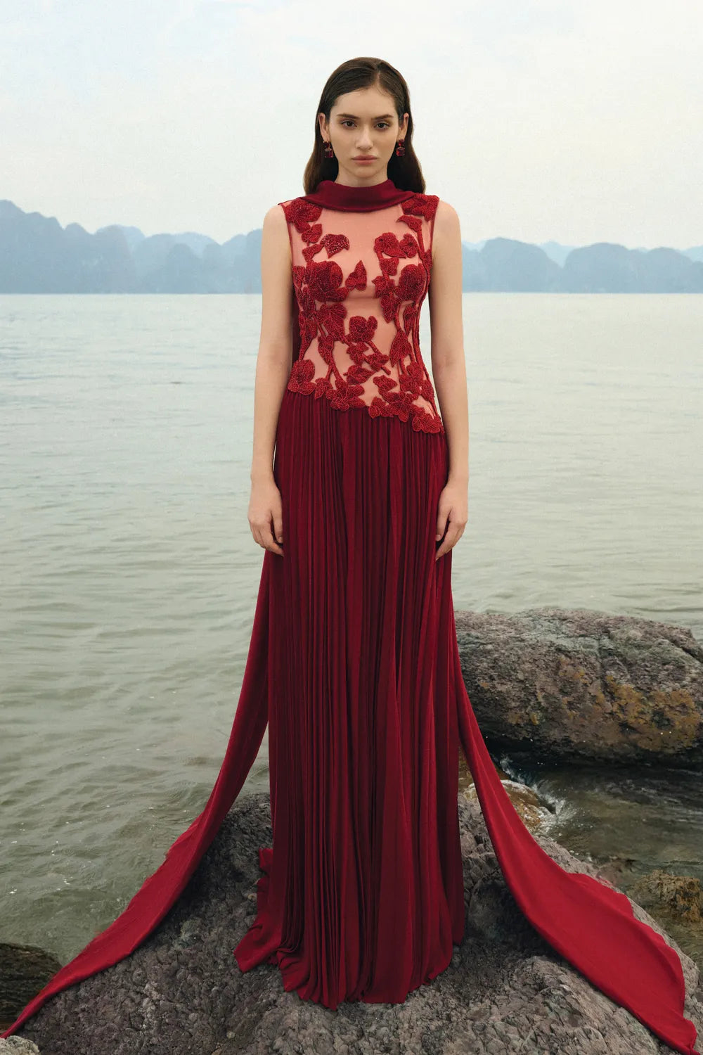 Sleeveless Garden Crystal-Embellished Pleated Dress