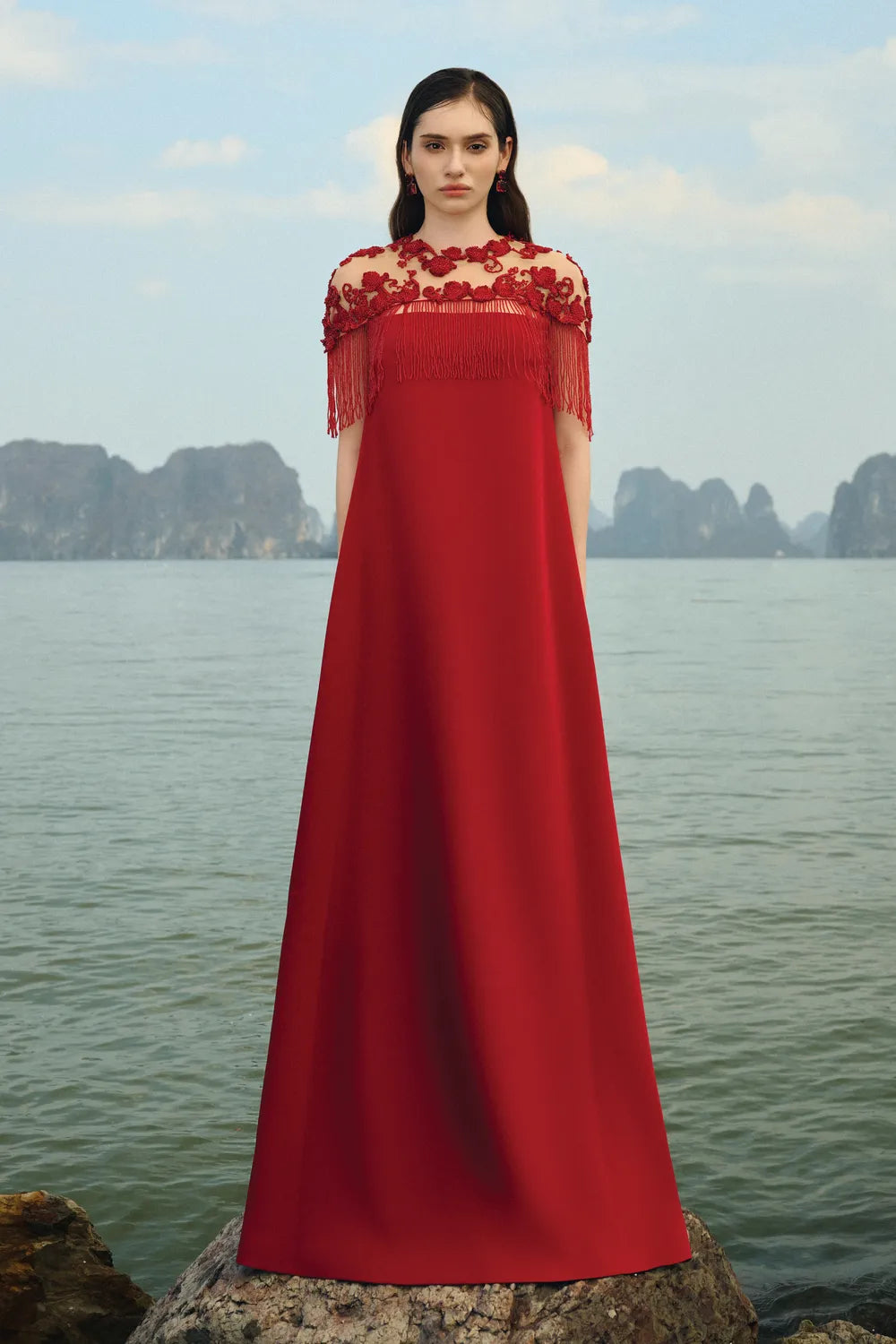 Fringed Short Cape With Wide A-line Dress