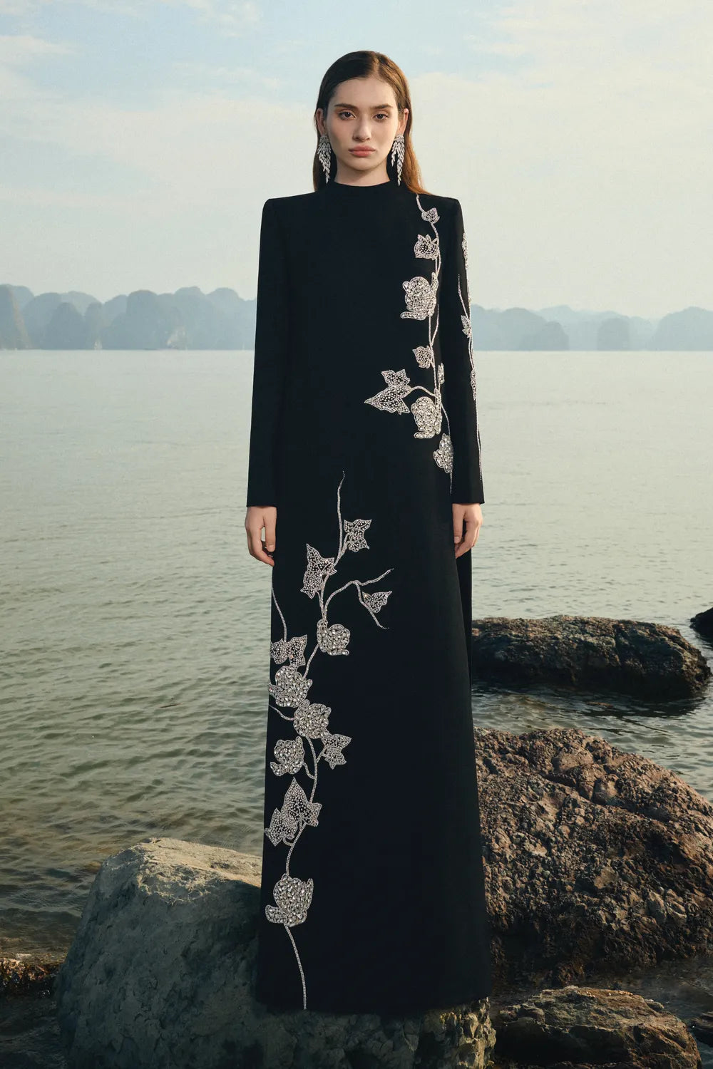 High Neck Symmetric Crystal Embellished Dress