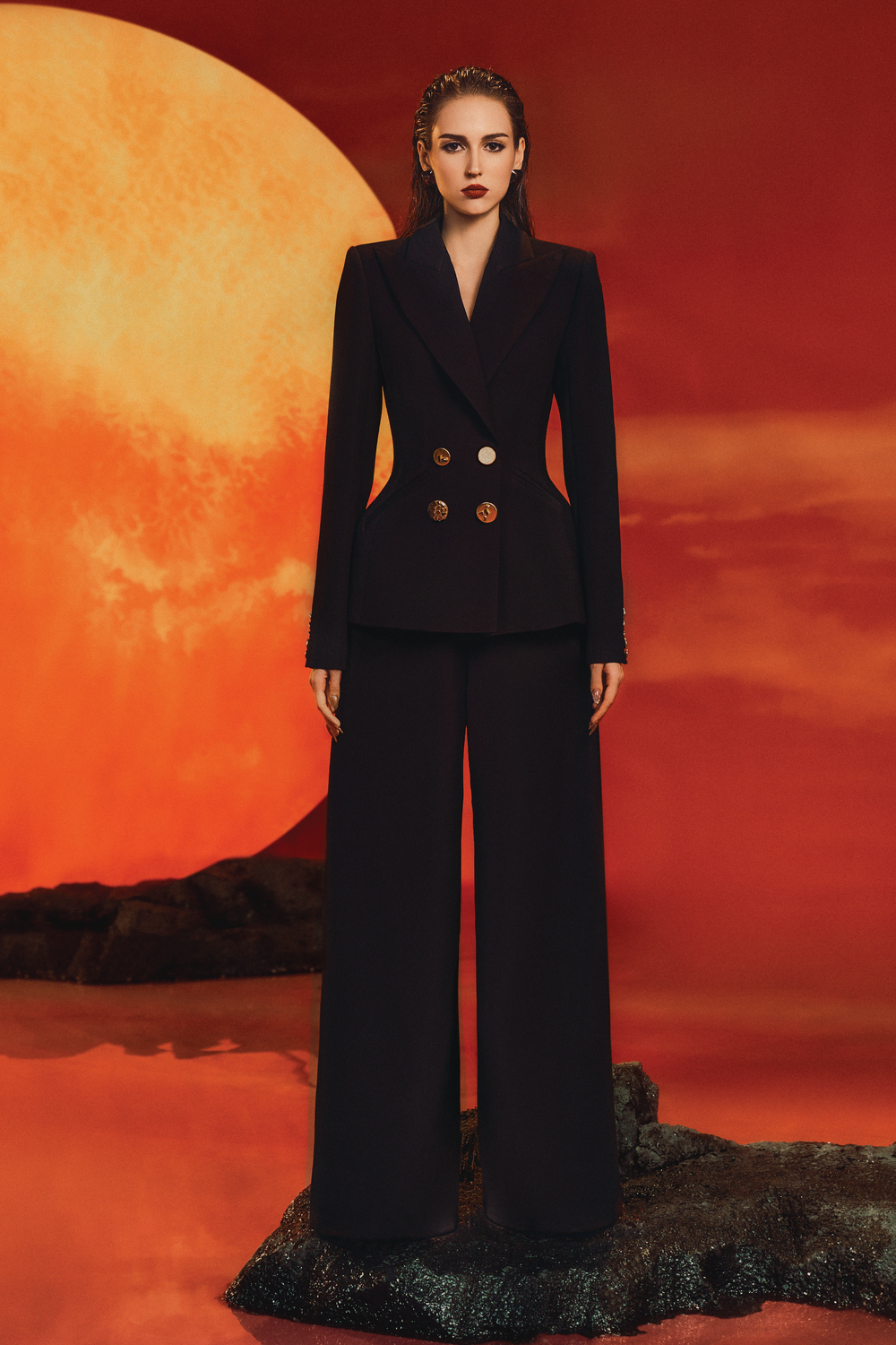 Peak Lapel Pegged Blazer With Wide Straight Pants Set
