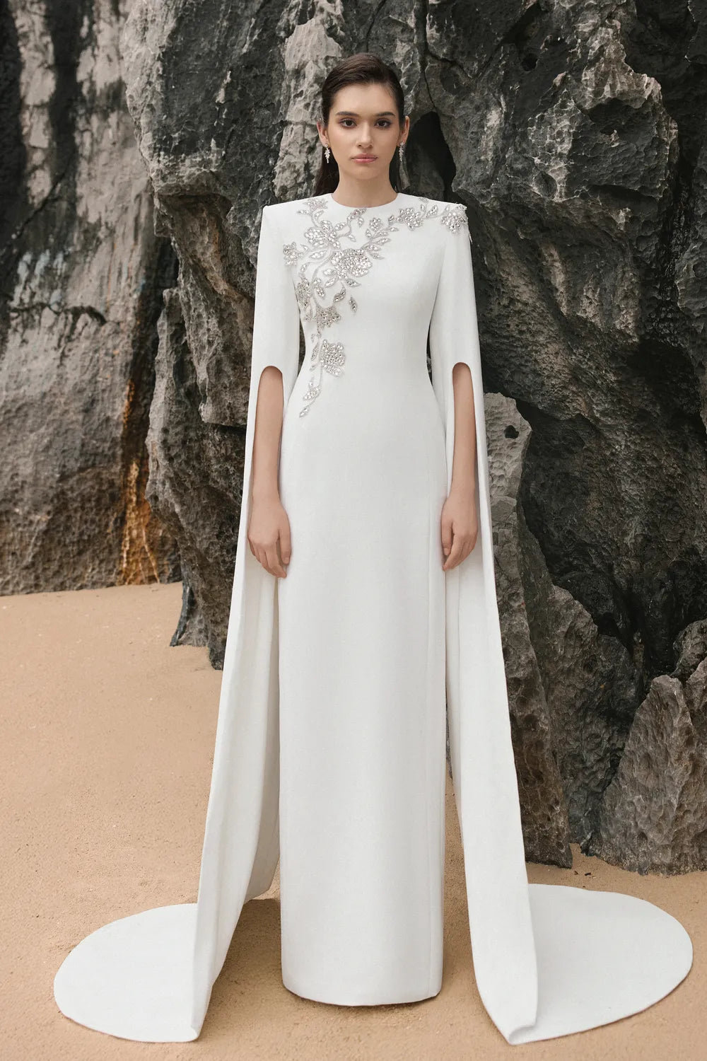 Long Cape Sleeves With Crystal Embellished Dress