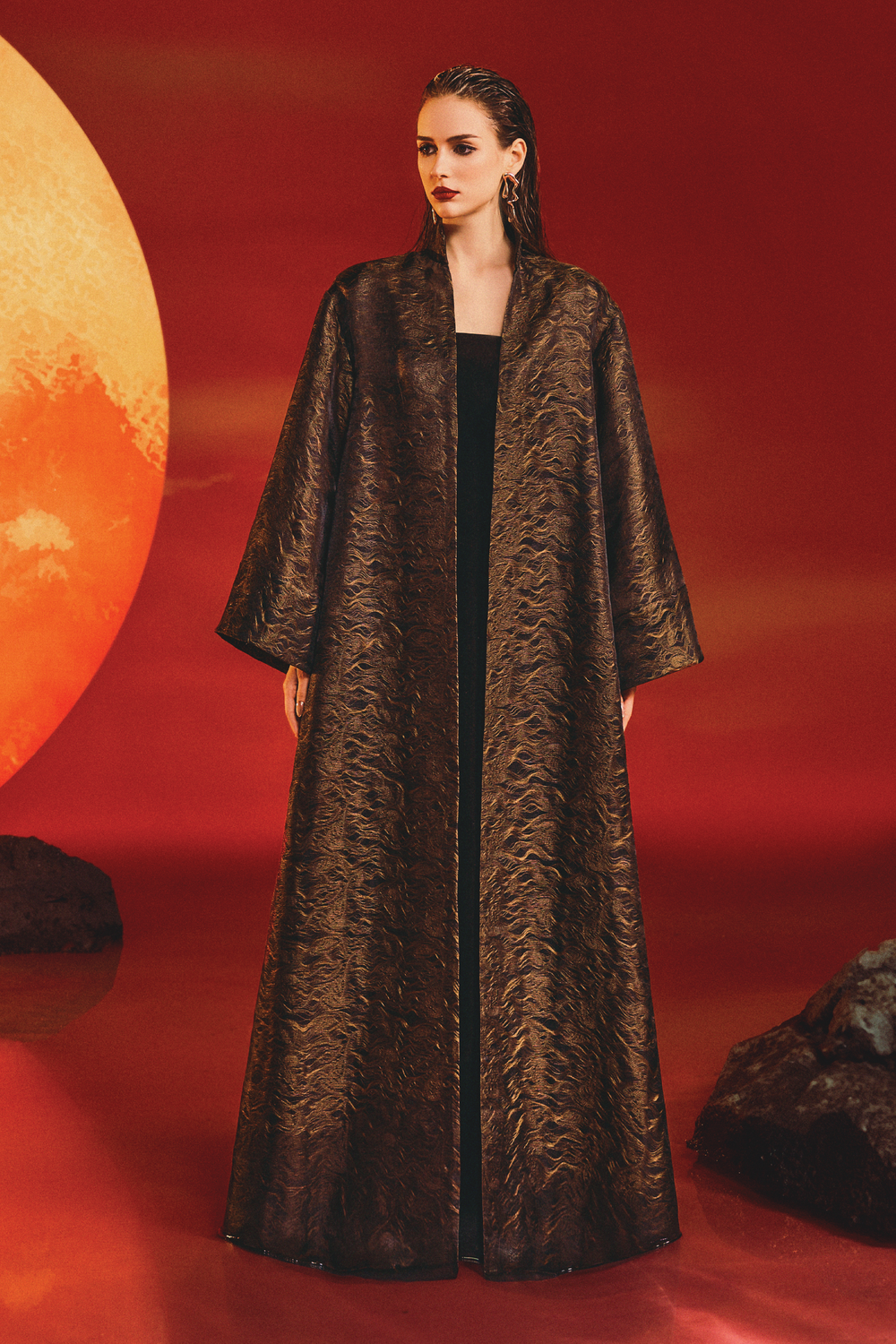 Wide Long Sleeve Coat With Strapless Straight Dress Set