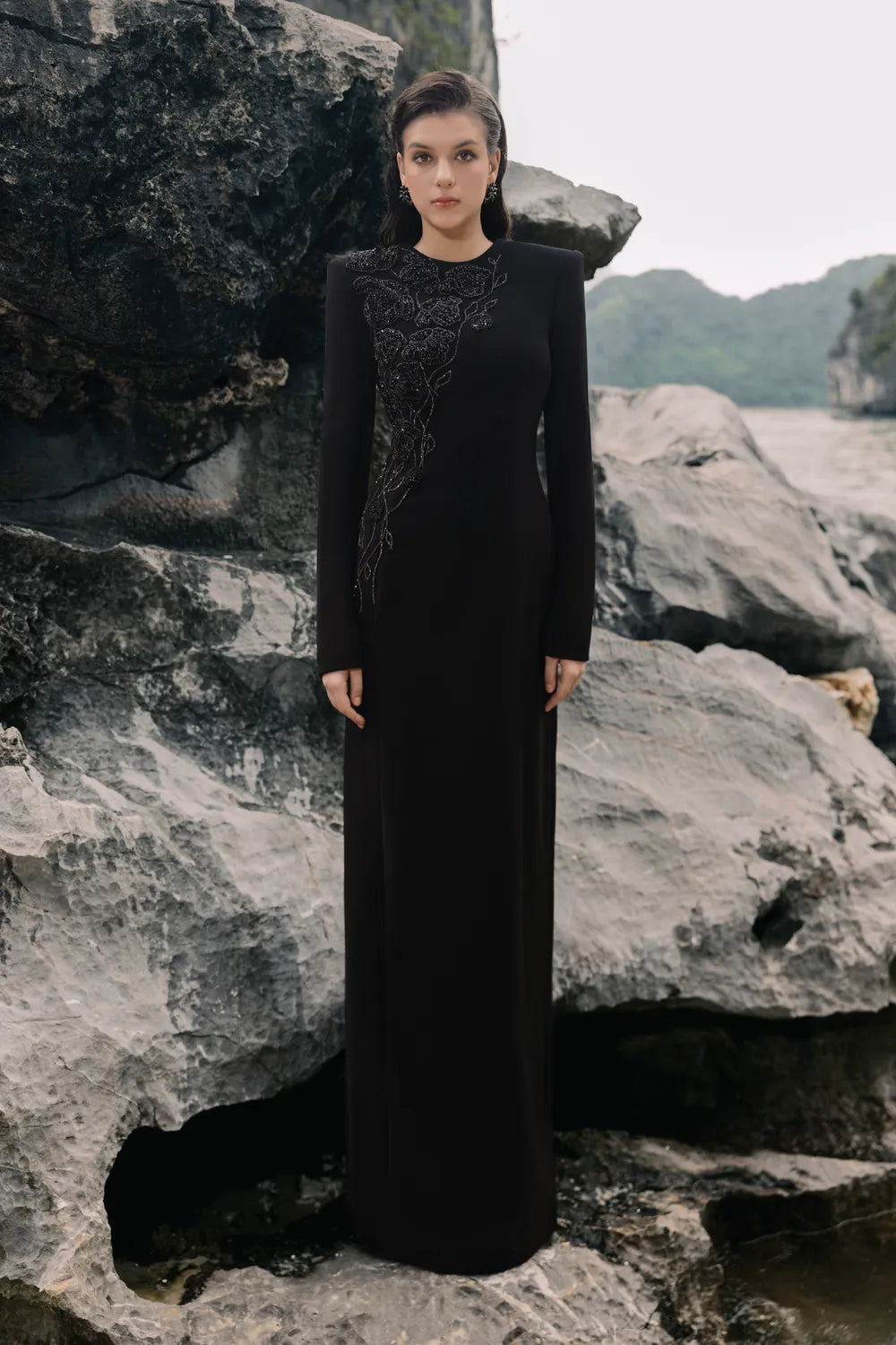 Round Neck Sided Floral Embellished Dress