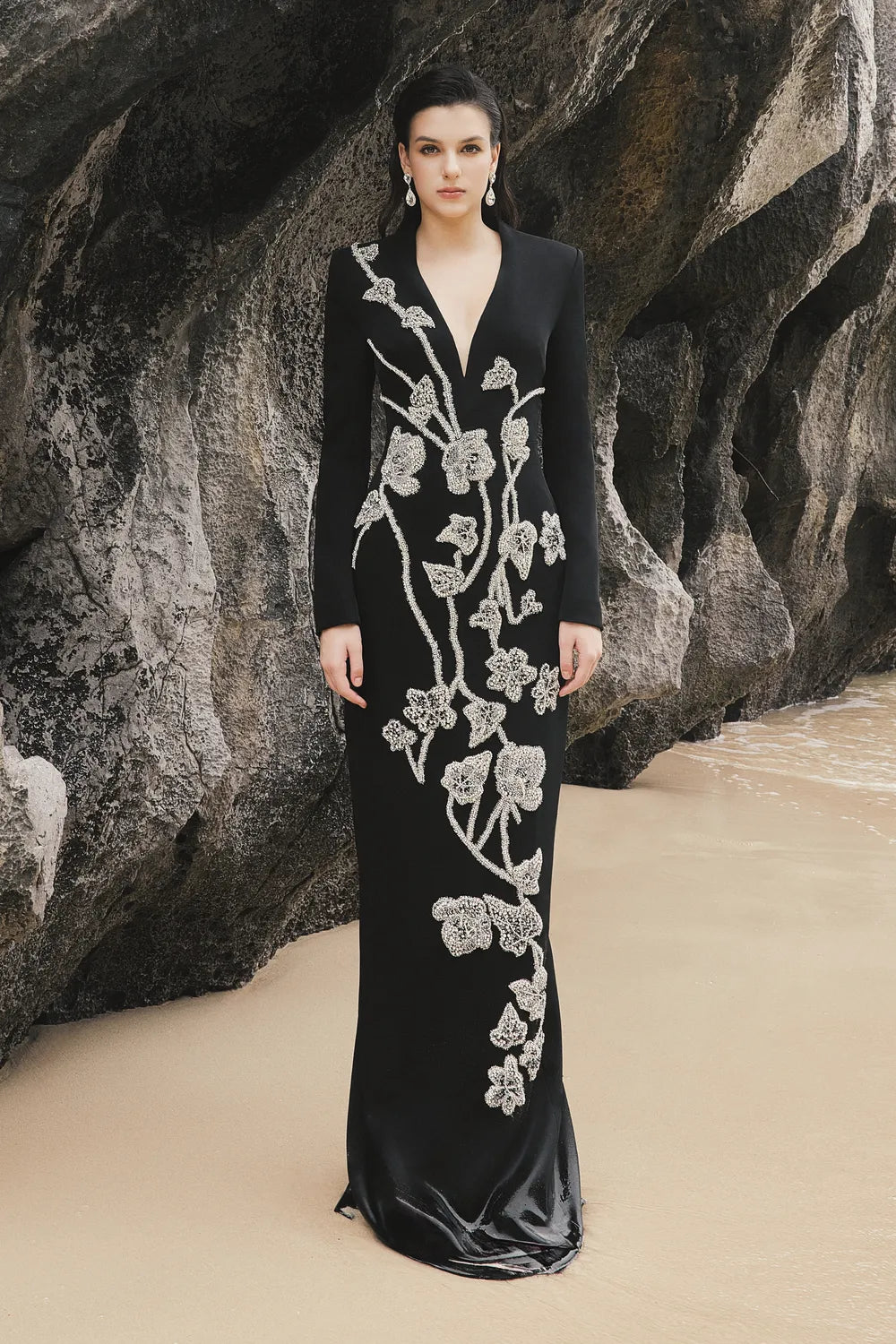 Long Sleeves V-Neck 3D Embellished Dress