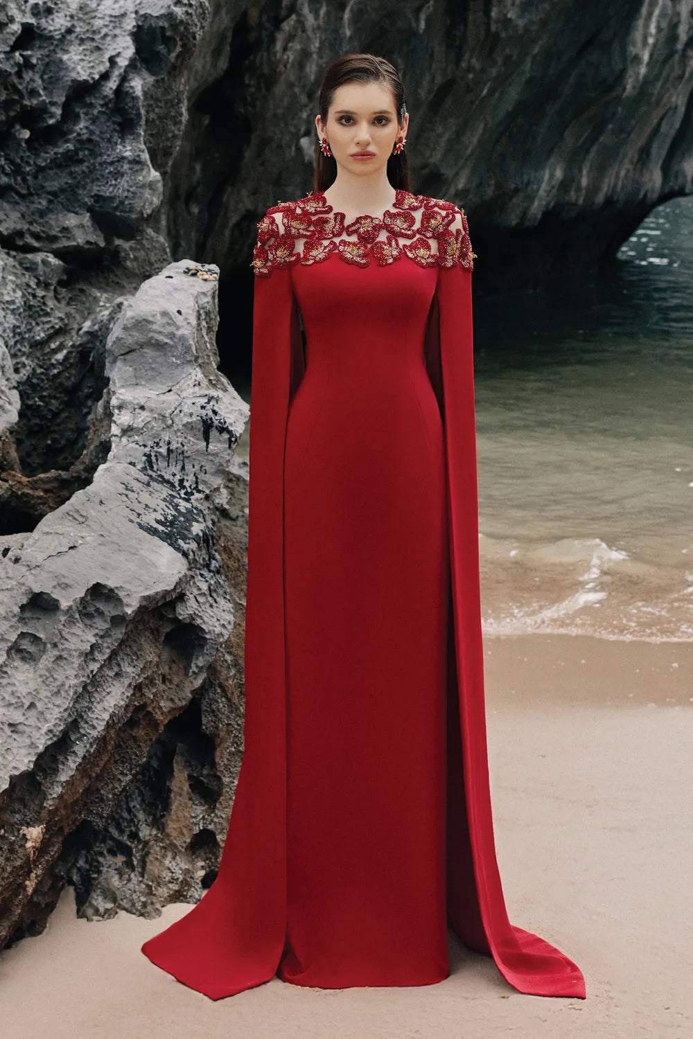 Long Sleeves Cape Floral Embellished Dress