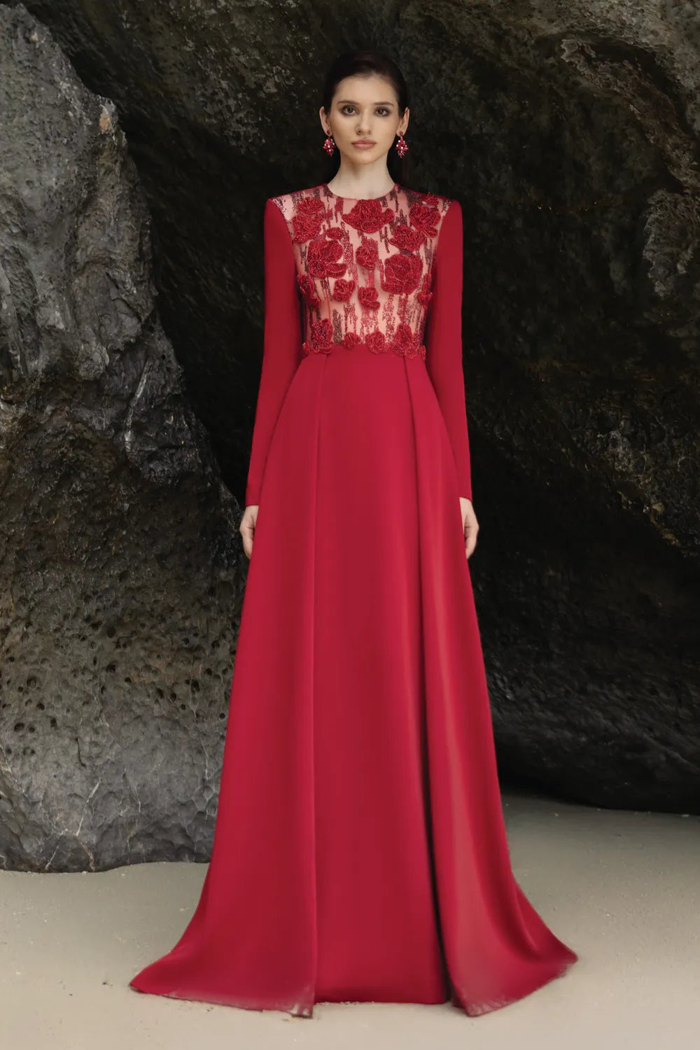 Long Sleeves Floral Embellished A-Line Dress