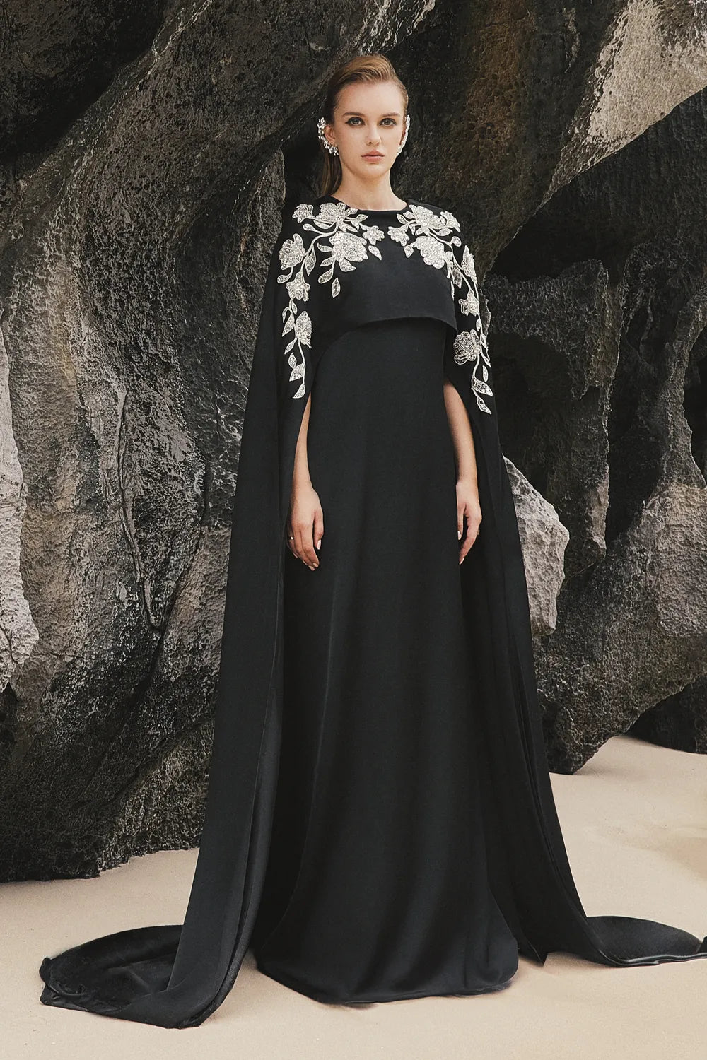 Long Cape Sleeves Floral Embellished Dress