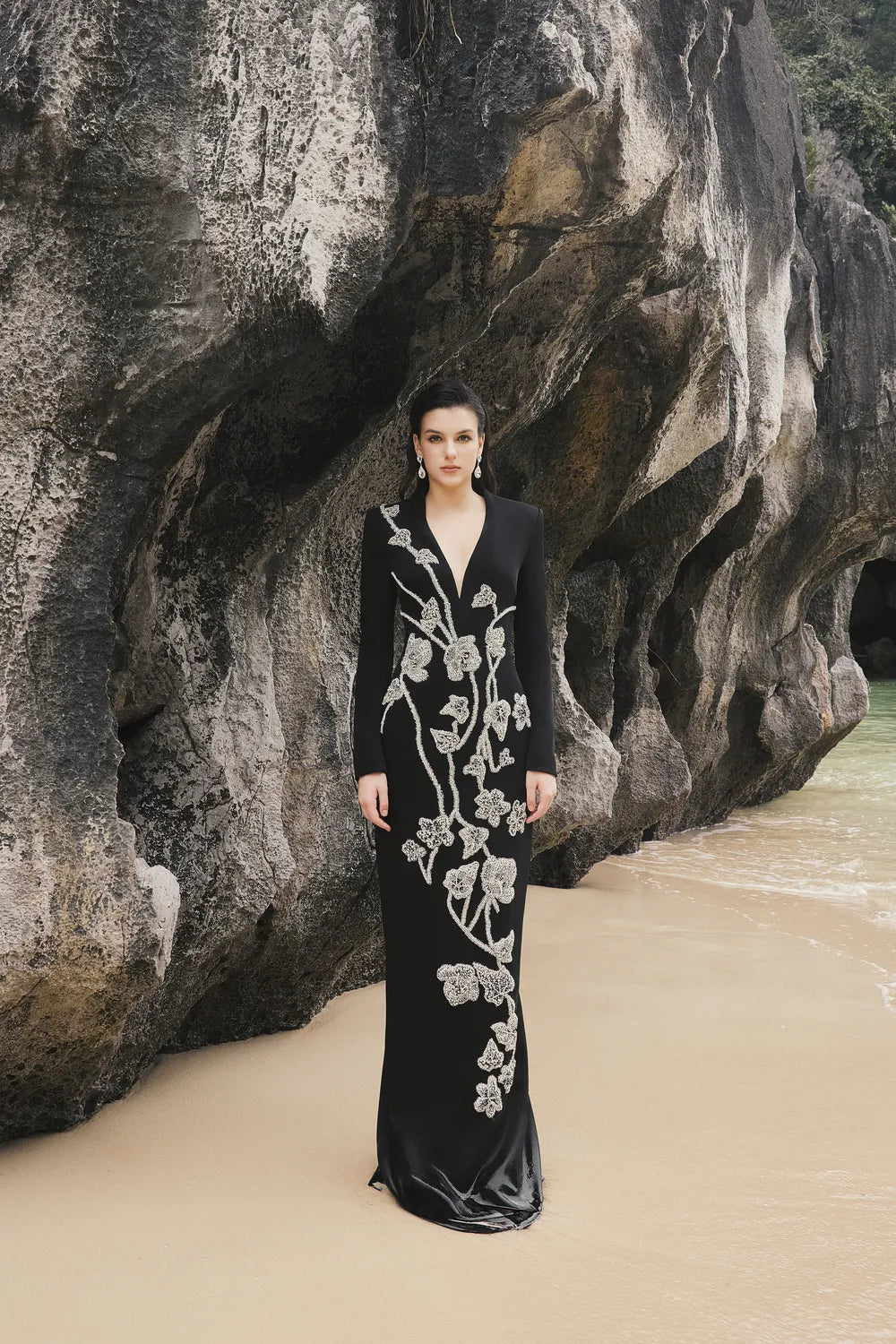 Long Sleeves V-Neck 3D Embellished Dress