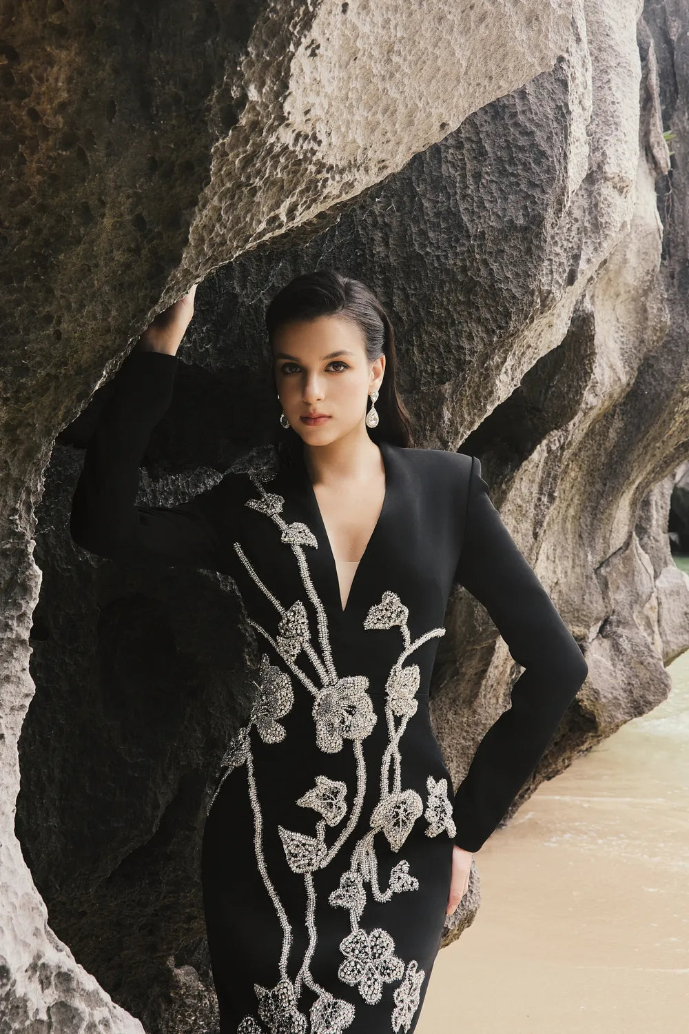 Long Sleeves V-Neck 3D Embellished Dress