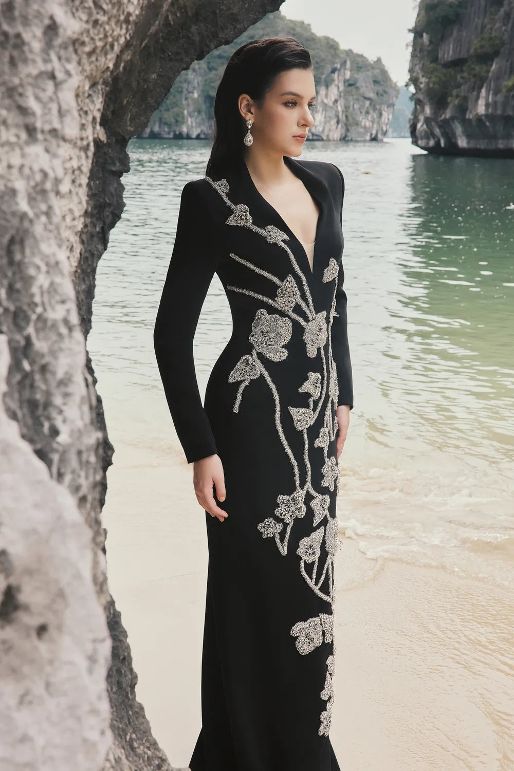 Long Sleeves V-Neck 3D Embellished Dress