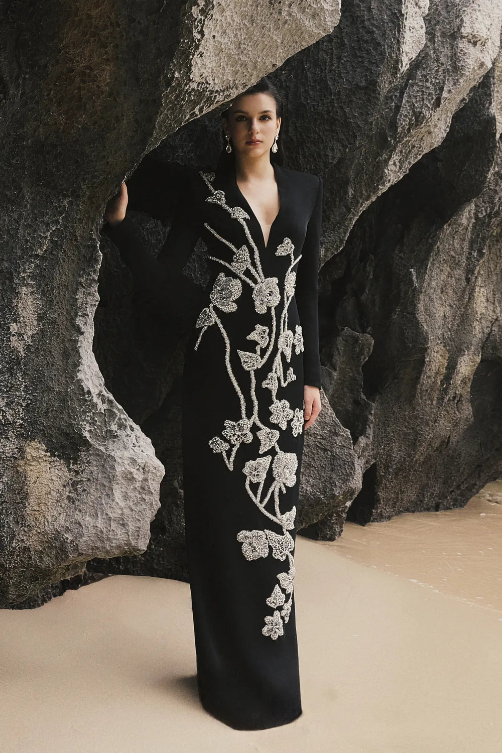 Long Sleeves V-Neck 3D Embellished Dress