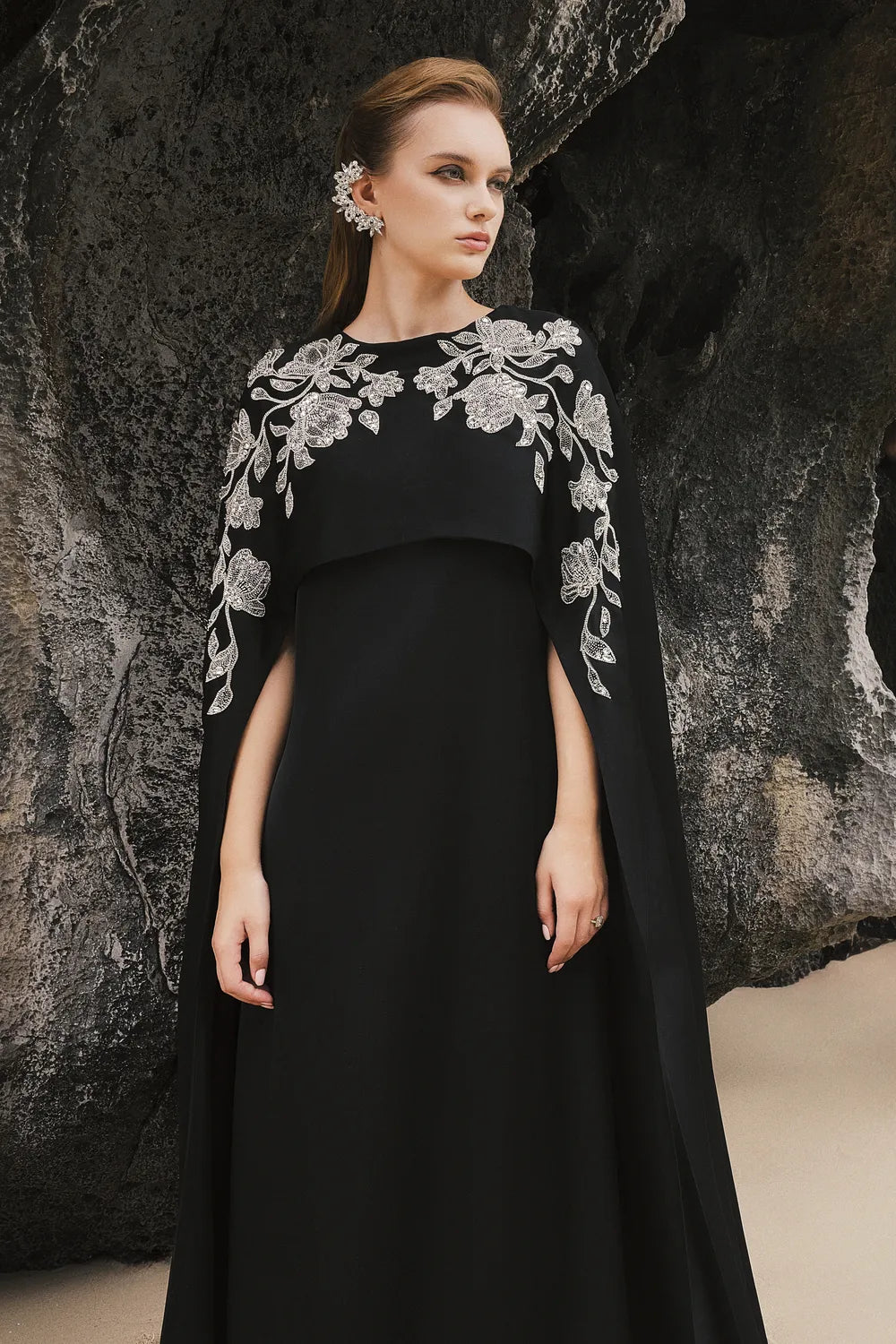 Long Cape Sleeves Floral Embellished Dress