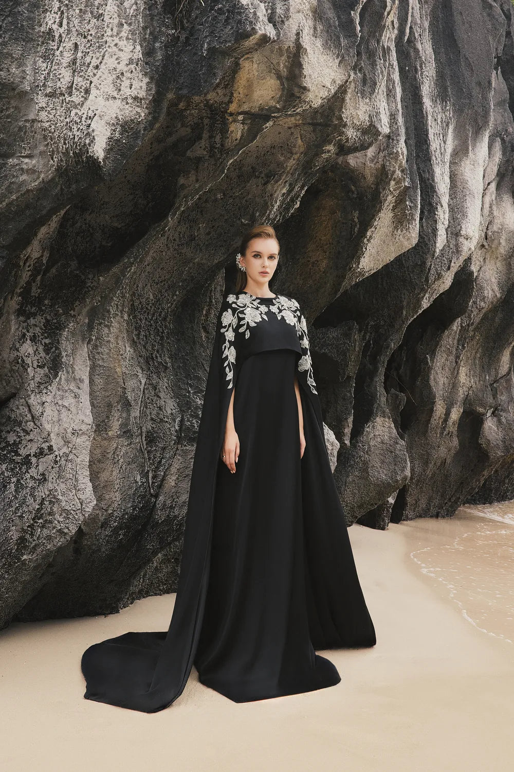 Long Cape Sleeves Floral Embellished Dress