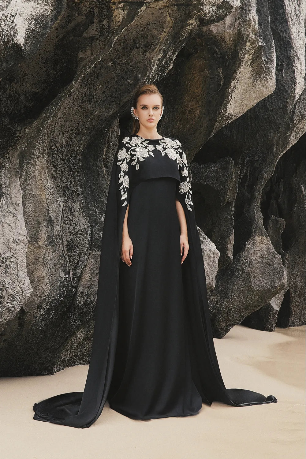 Long Cape Sleeves Floral Embellished Dress