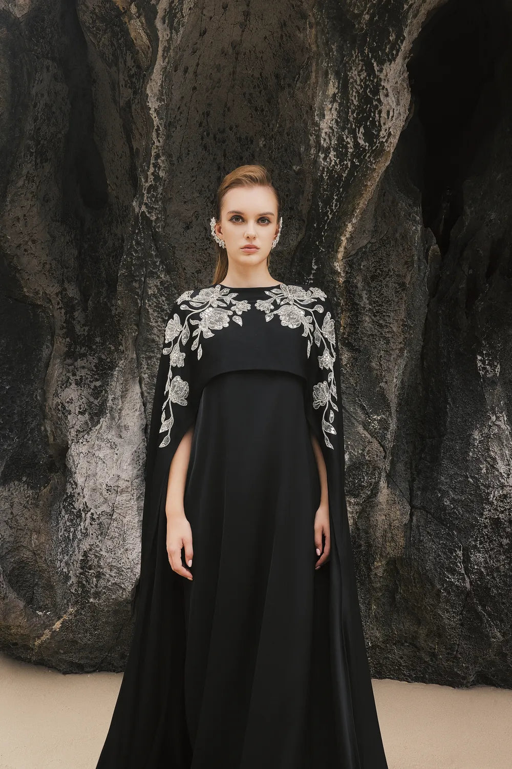 Long Cape Sleeves Floral Embellished Dress