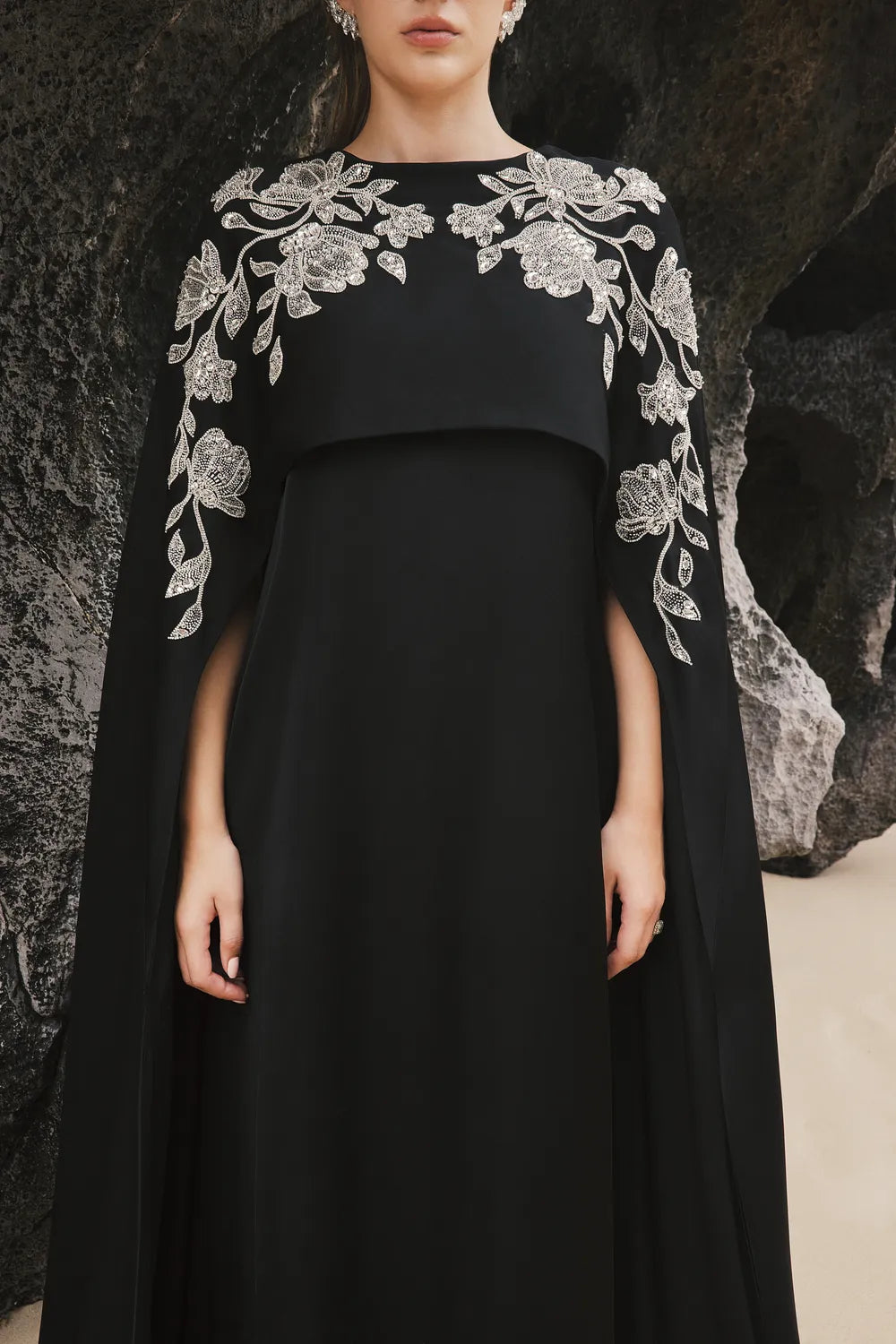 Long Cape Sleeves Floral Embellished Dress