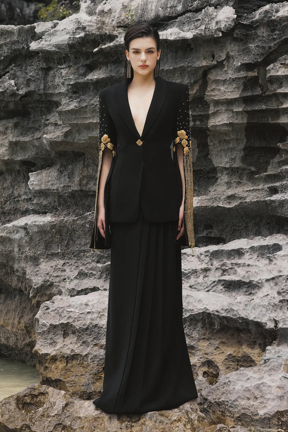 Shawl Lapel Flared Sleeves Blazer With Side Pleated Straight Skirt Set