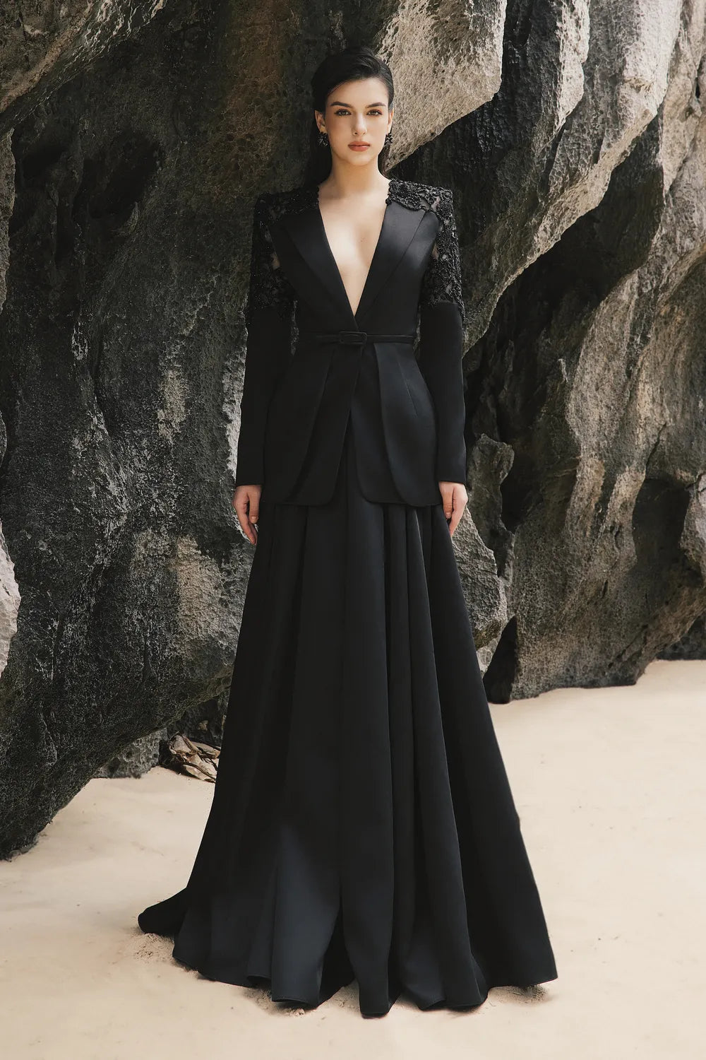 Double Hem Flap Blazer With Box Pleated Flared Skirt Set