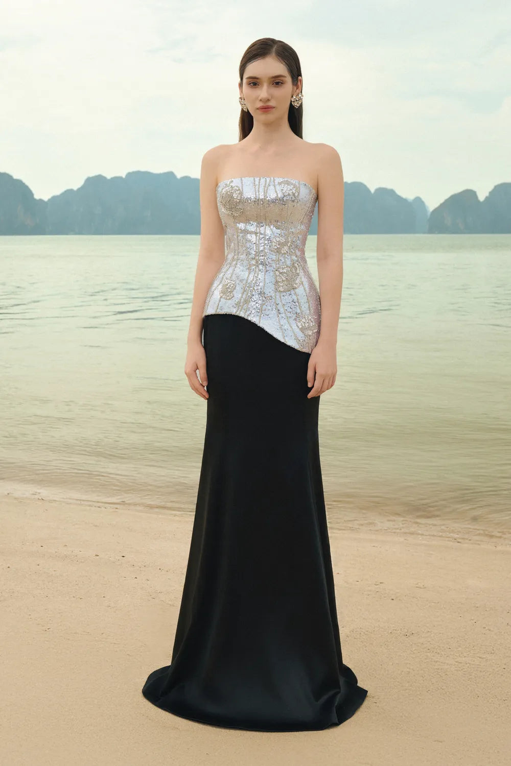 Strapless Sparkle Wavy Cuff Top With Basic Shining A-line Skirt Set