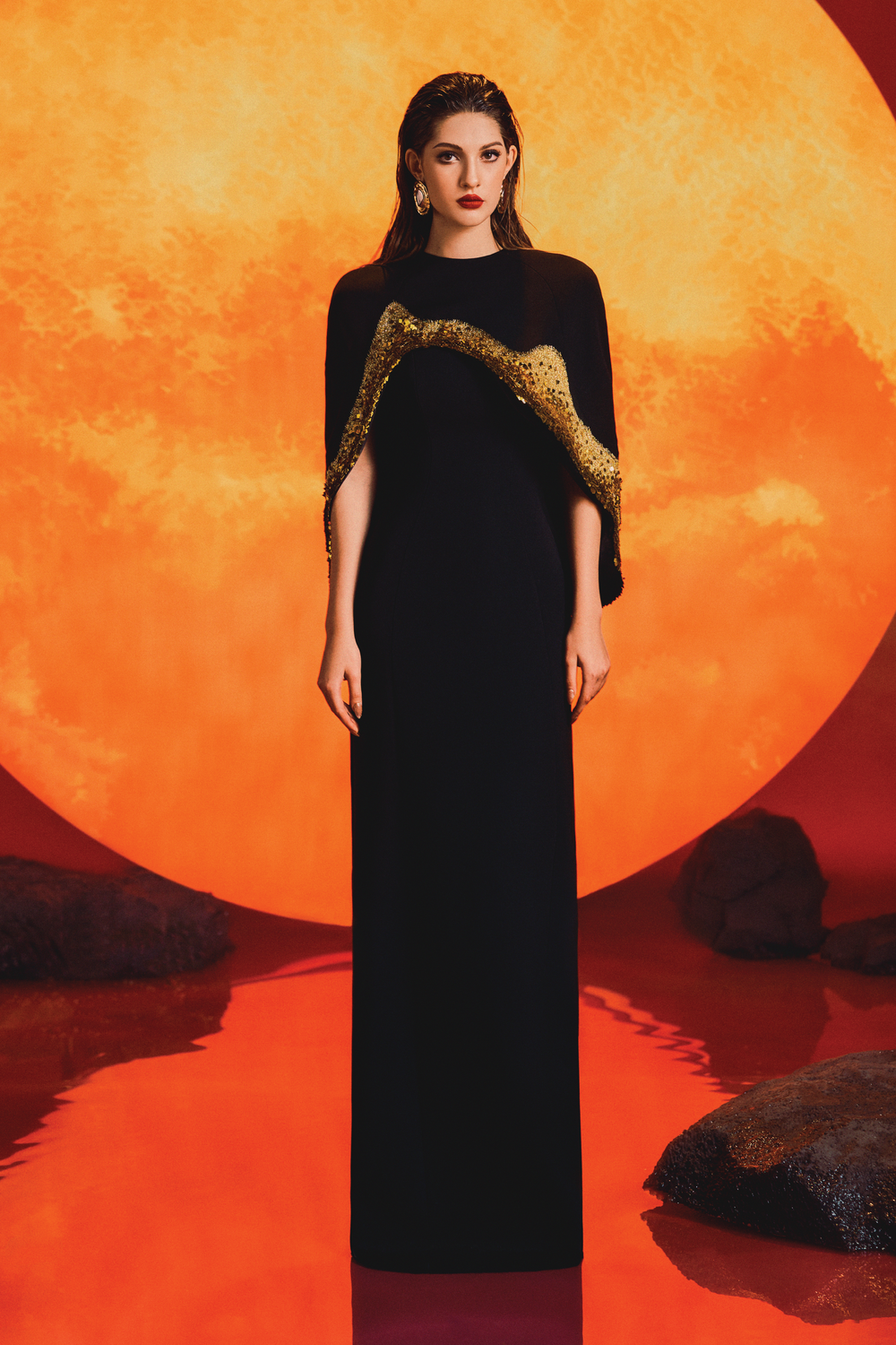 Asymmetric Long Back Flap Cape With Straight Dress Set