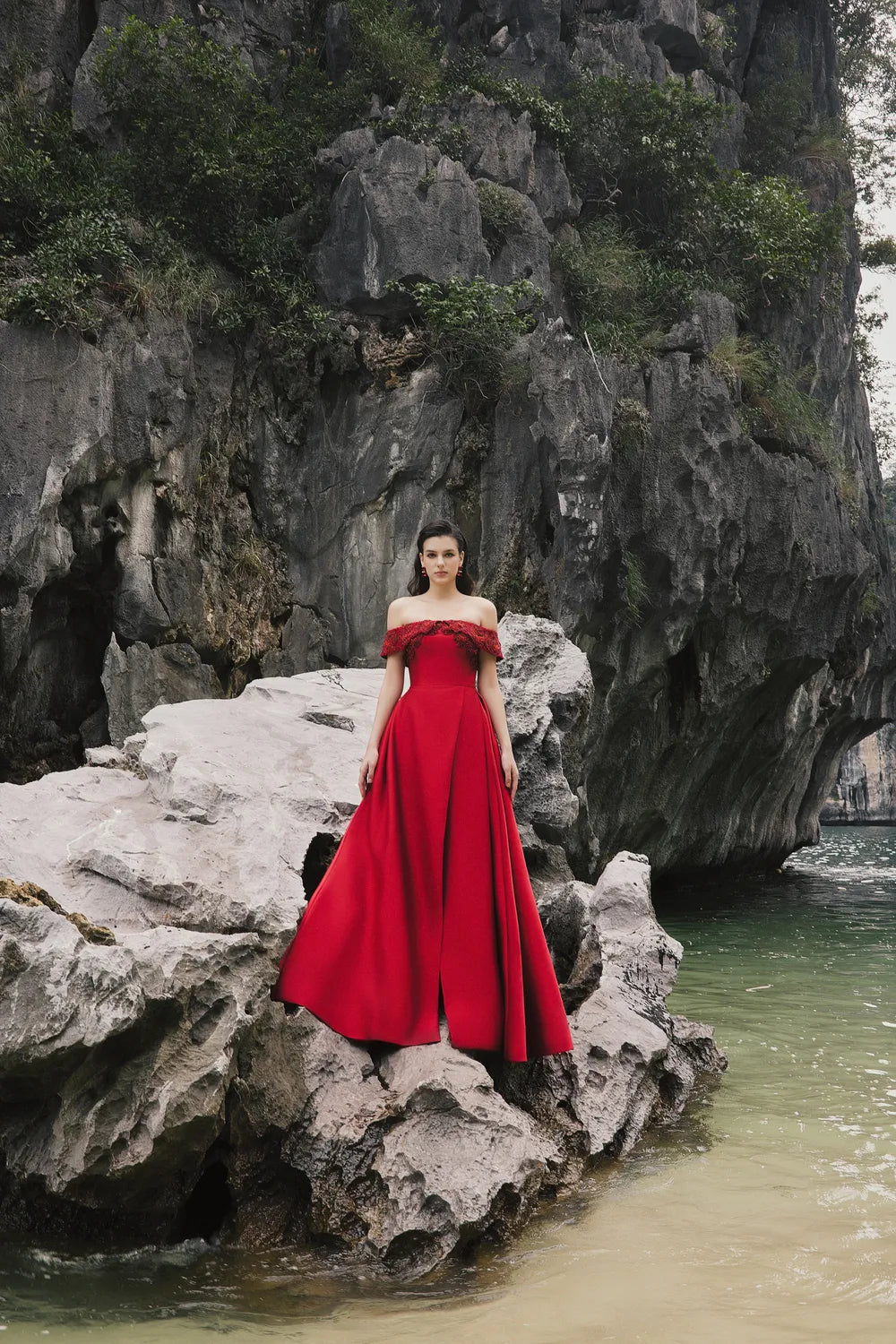 Pattern Embellished Off Shoulder A-Line Dress