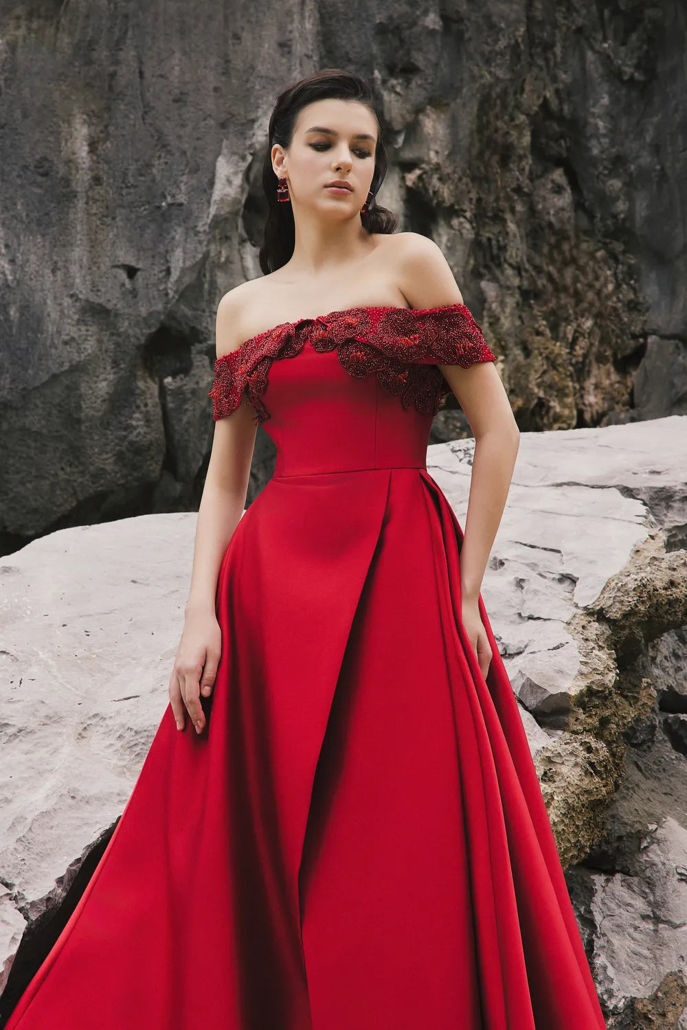 Pattern Embellished Off Shoulder A-Line Dress