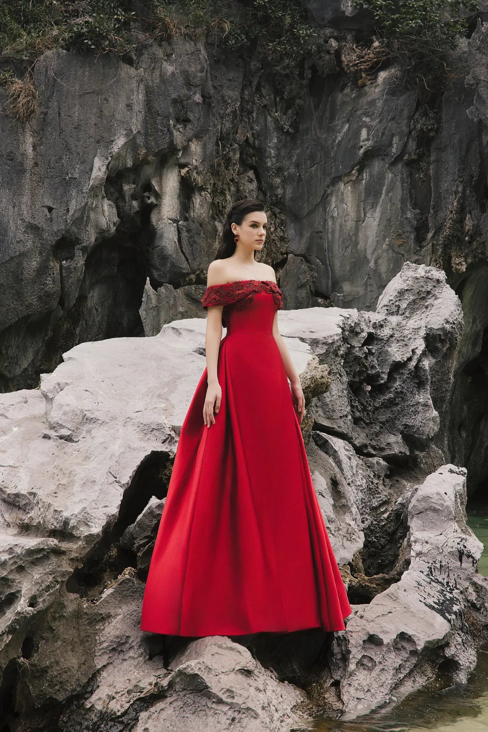 Pattern Embellished Off Shoulder A-Line Dress