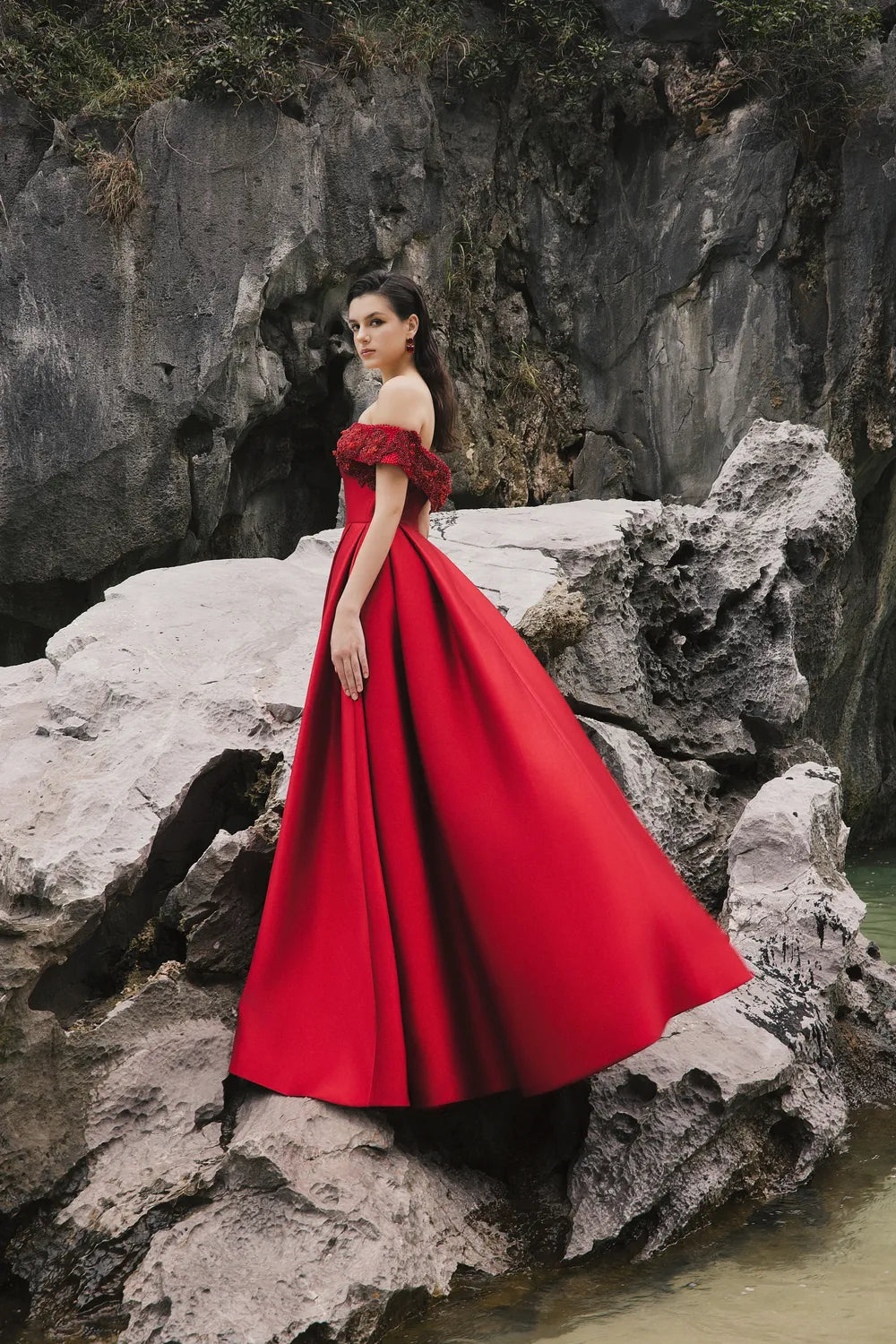 Pattern Embellished Off Shoulder A-Line Dress