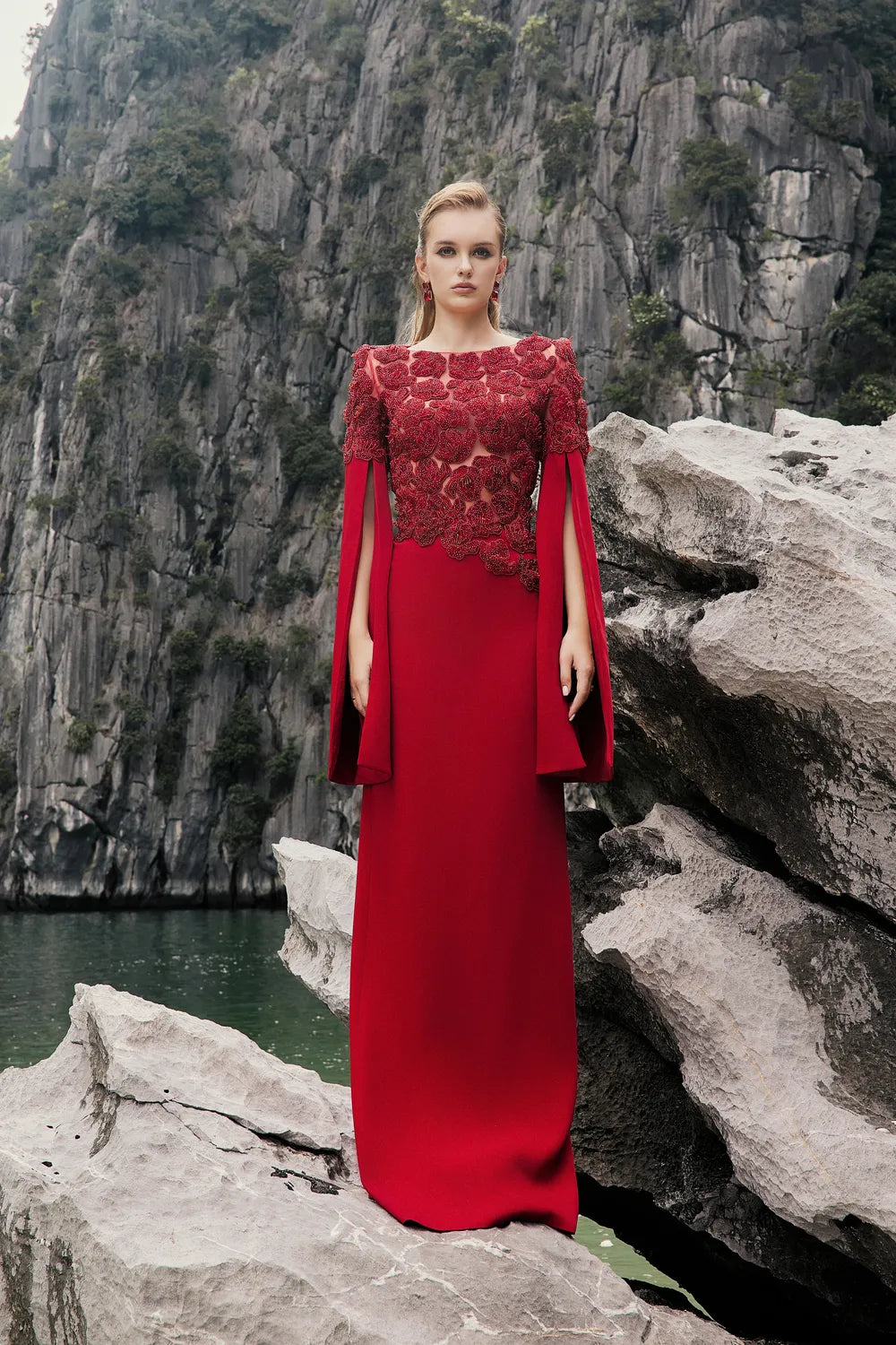 Boat Neck Floral Embellished Back Slit Dress