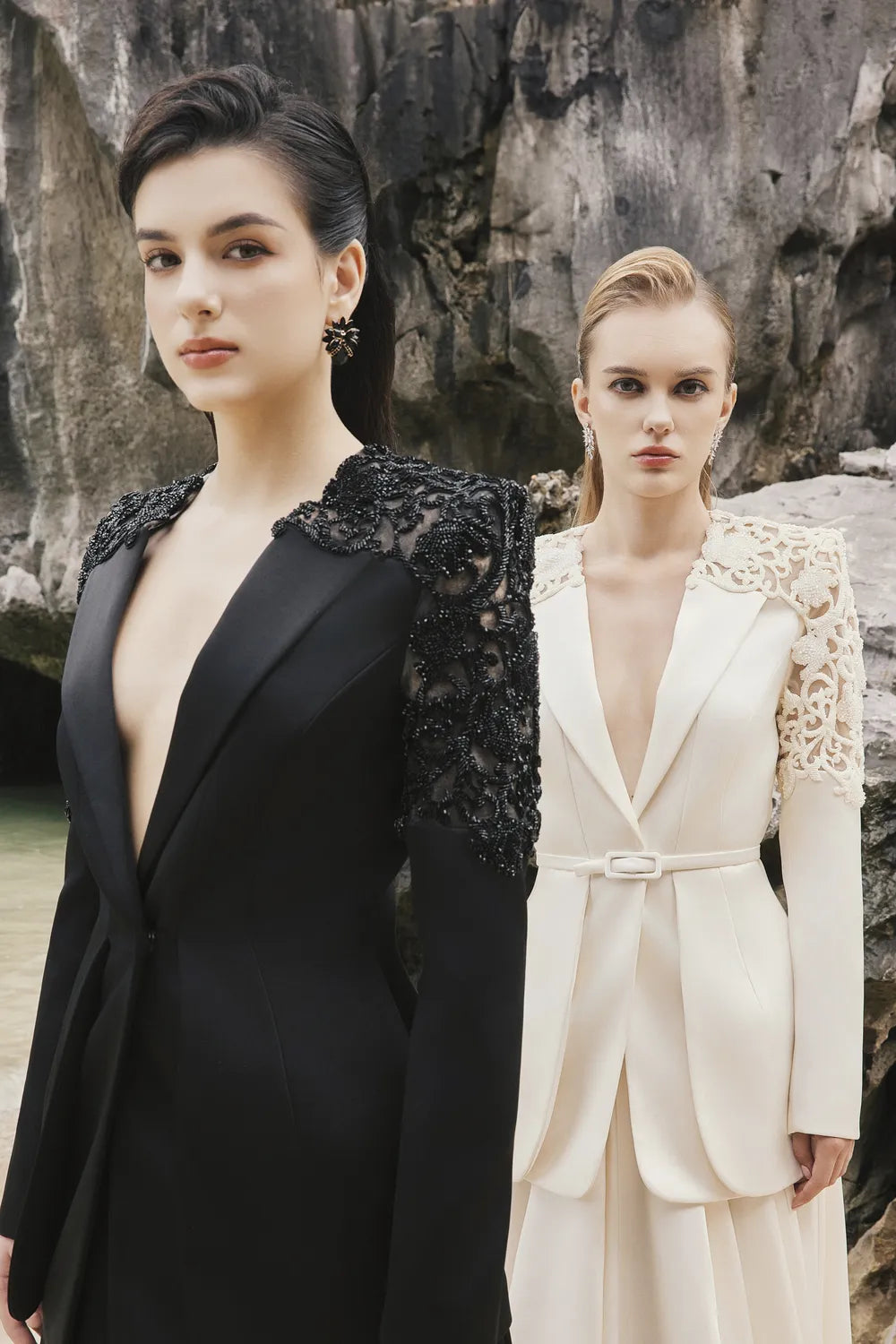 Double Hem Flap Blazer With Box Pleated Flared Skirt Set