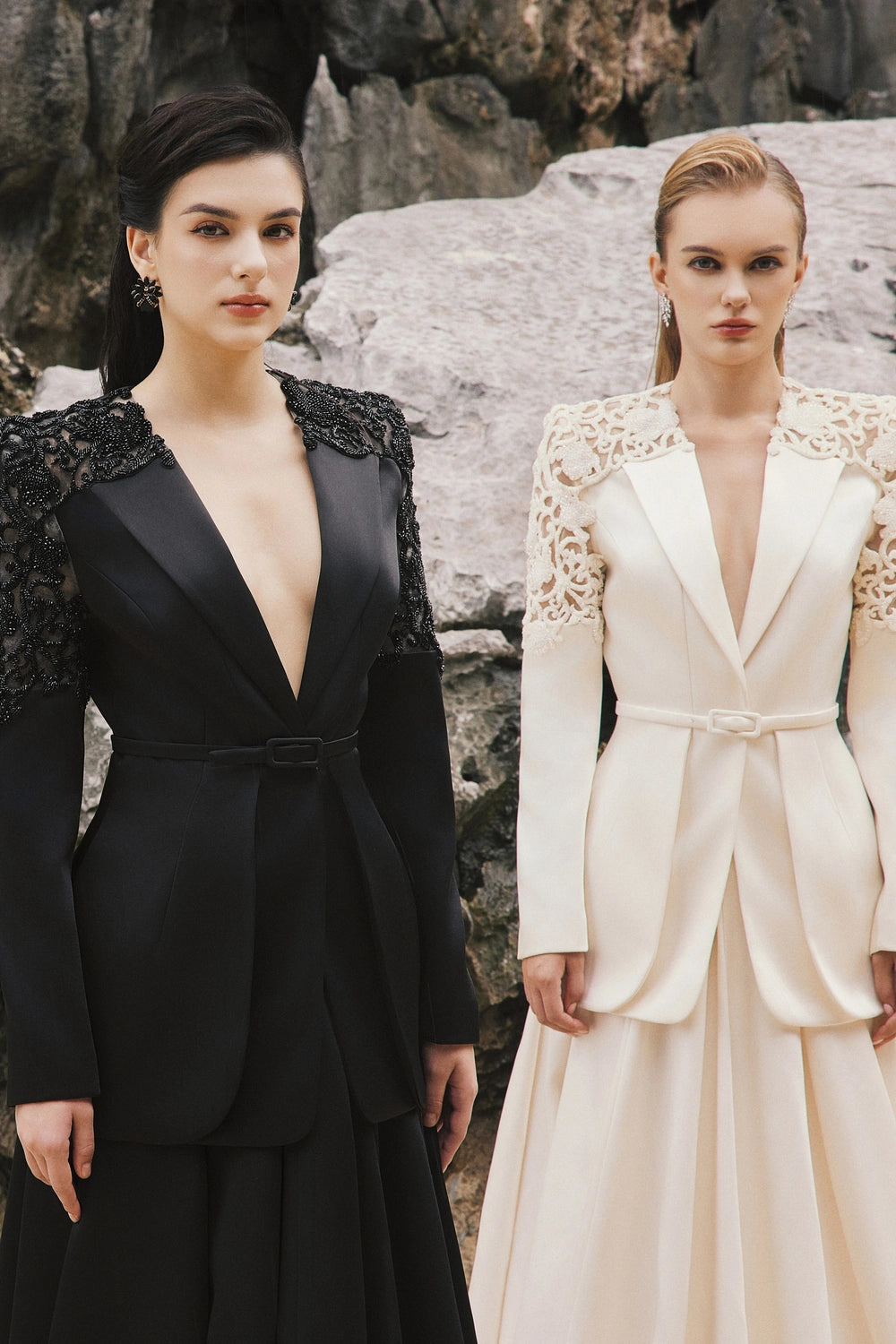 Double Hem Flap Blazer With Box Pleated Flared Skirt Set