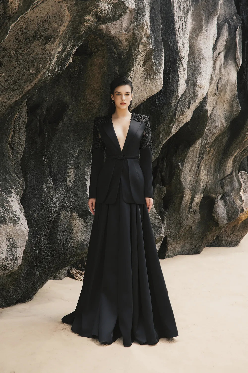 Double Hem Flap Blazer With Box Pleated Flared Skirt Set