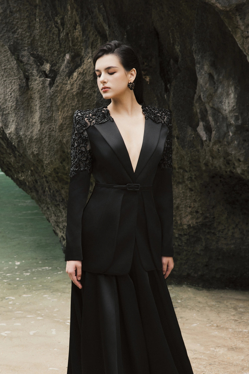 Double Hem Flap Blazer With Box Pleated Flared Skirt Set